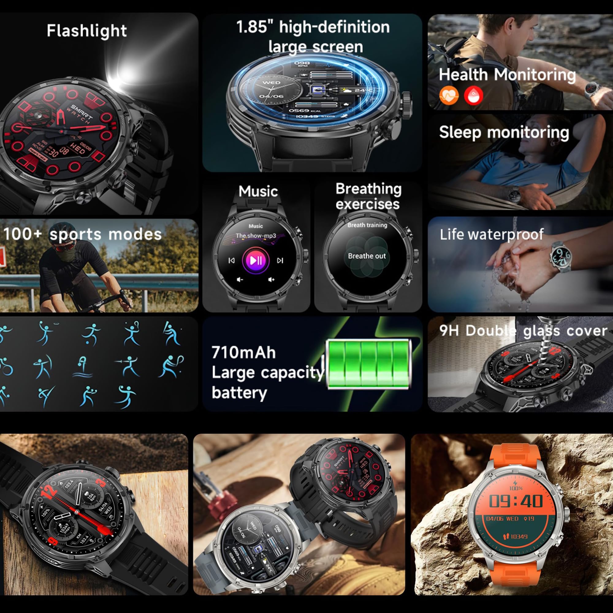 Reloj inteligente para hombre, teléfono, linterna de 1,85 pulgadas, AMOLED 5 ATM, rastreador de actividad, 123 modos deportivos, presión arterial, sueño, podómetro