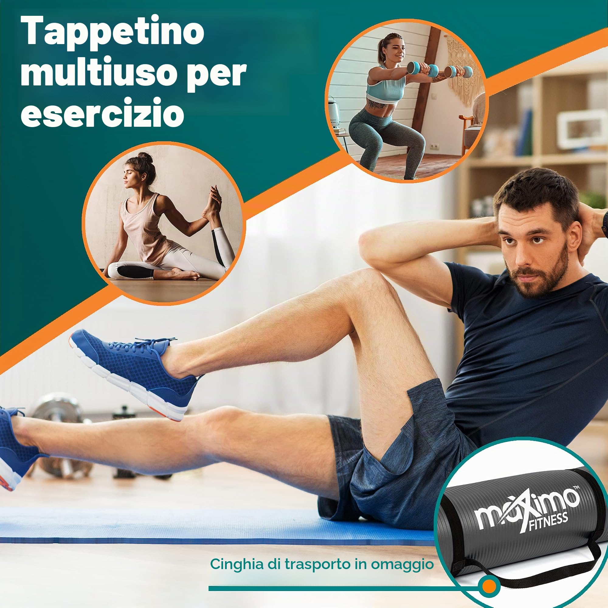 Maximo Fitness Tappetino per Esercizio Fisico Tappetino da Palestra NBR di Alta qualità – Extra Spesso 12 mm, Multiuso – Perfetto per Yoga, Pilates, Addominali.