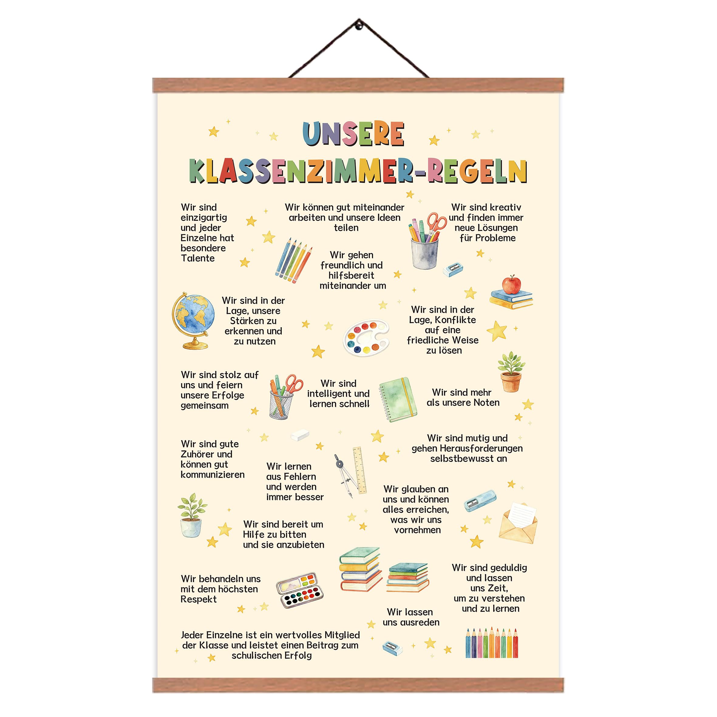 ZDFDC Unsere Klassenzimmer-Regeln Poster A2 Set mit Teakholz Magnetischer Posterleiste, 40x60 cm Leinwandbild für Grundschule, Kindergarten & Kinderzimmer, Motivierende Lernposter Wanddeko
