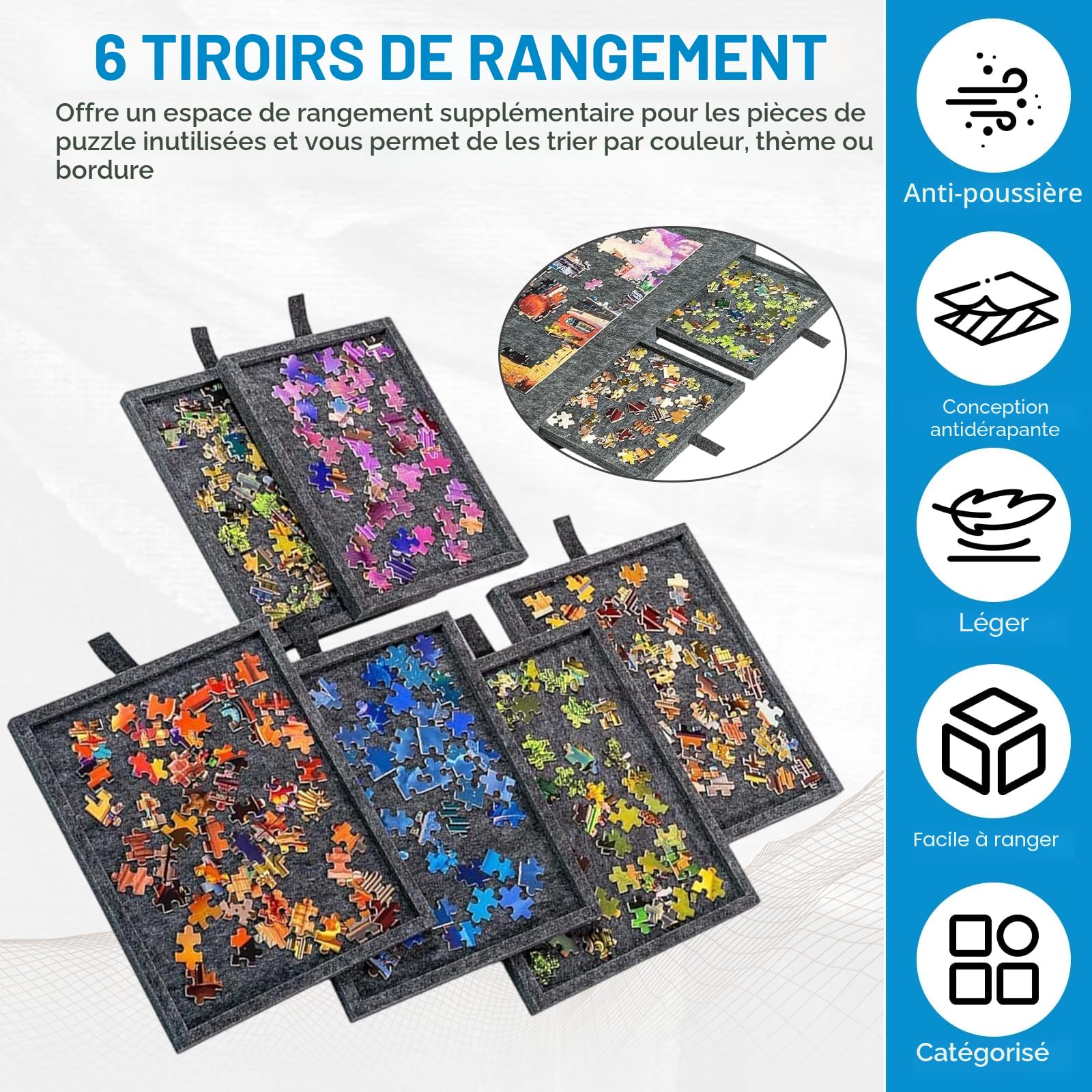 Table puzzle 1000 pièces - Planche à puzzle inclinable 2 en 1 avec support et couvercle - En feutre super léger avec 6 tiroirs - Plateau portable antidérapant (gris foncé)