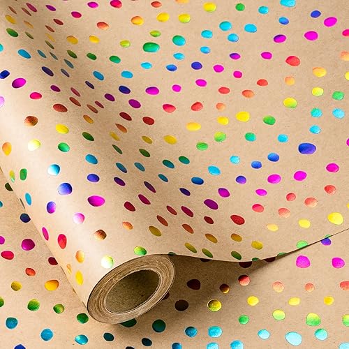 RUSPEPA Rollo de papel de regalo de estraza  17 pulgadas x 16.4 pies  Patrón colorido de puntos de aluminio en papel kraft duradero para cumpleaños,