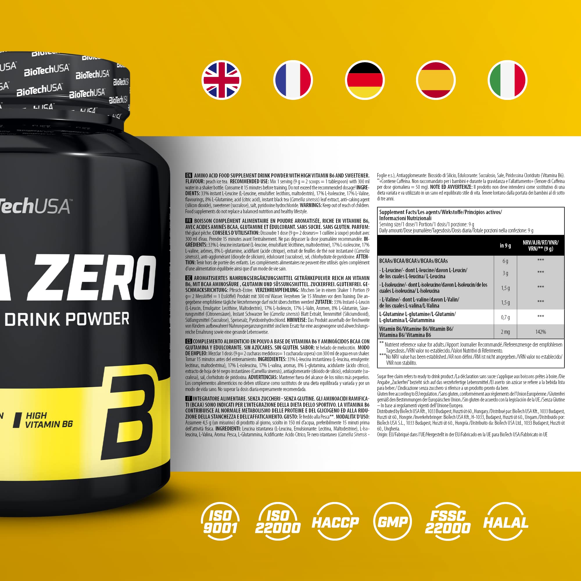 BioTechUSA BCAA Zero | Aminoácidos BCAA en proporción 2:1:1 | Con L-glutamina | Sin azúcar | Fórmula de aminoácidos en polvo para preparar bebidas | 700 g, Té helado con melocotón