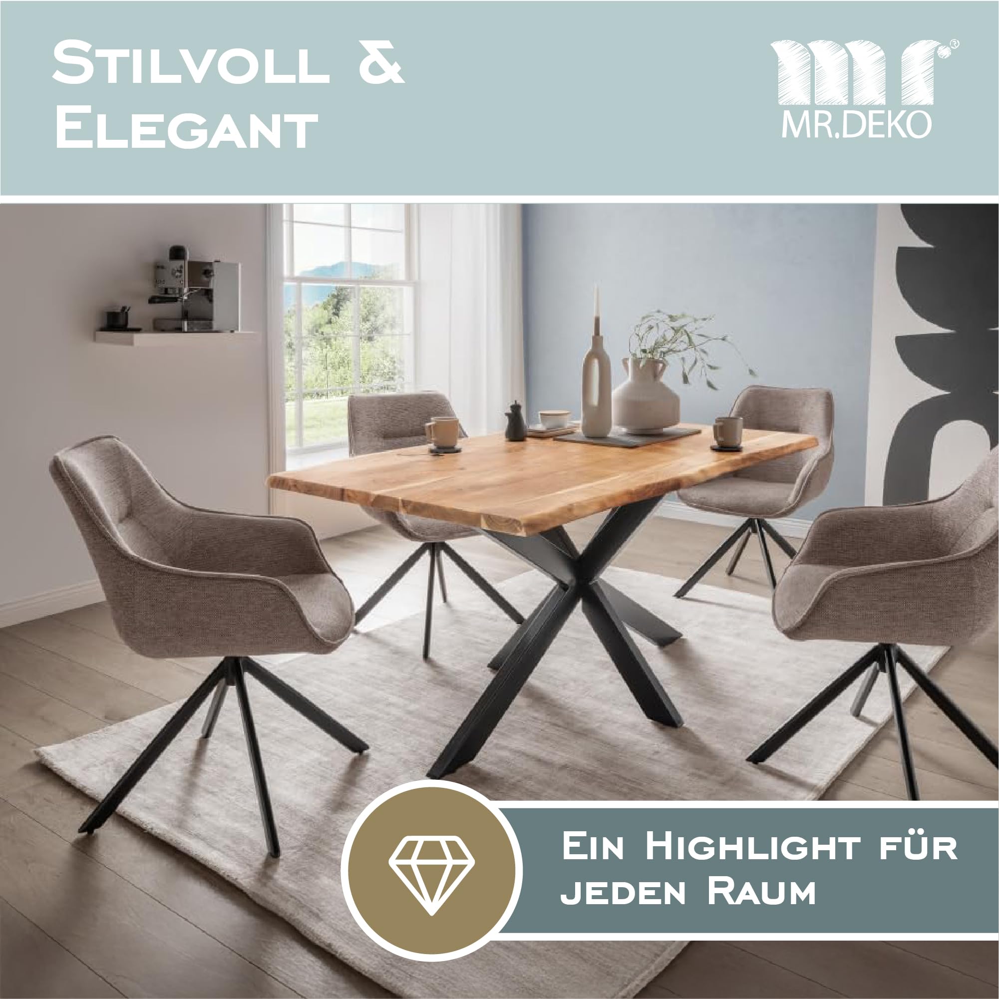 MR. DEKO Diningsessel 2-er Set San Carlo | drehbarer Esszimmerstuhl mit Armlehnen & Rückenlehne | 2 Moderne Polstersessel mit Schaumstoffkern | Drehstuhl 360 Grad | Essstuhl stabil und ergonomisch