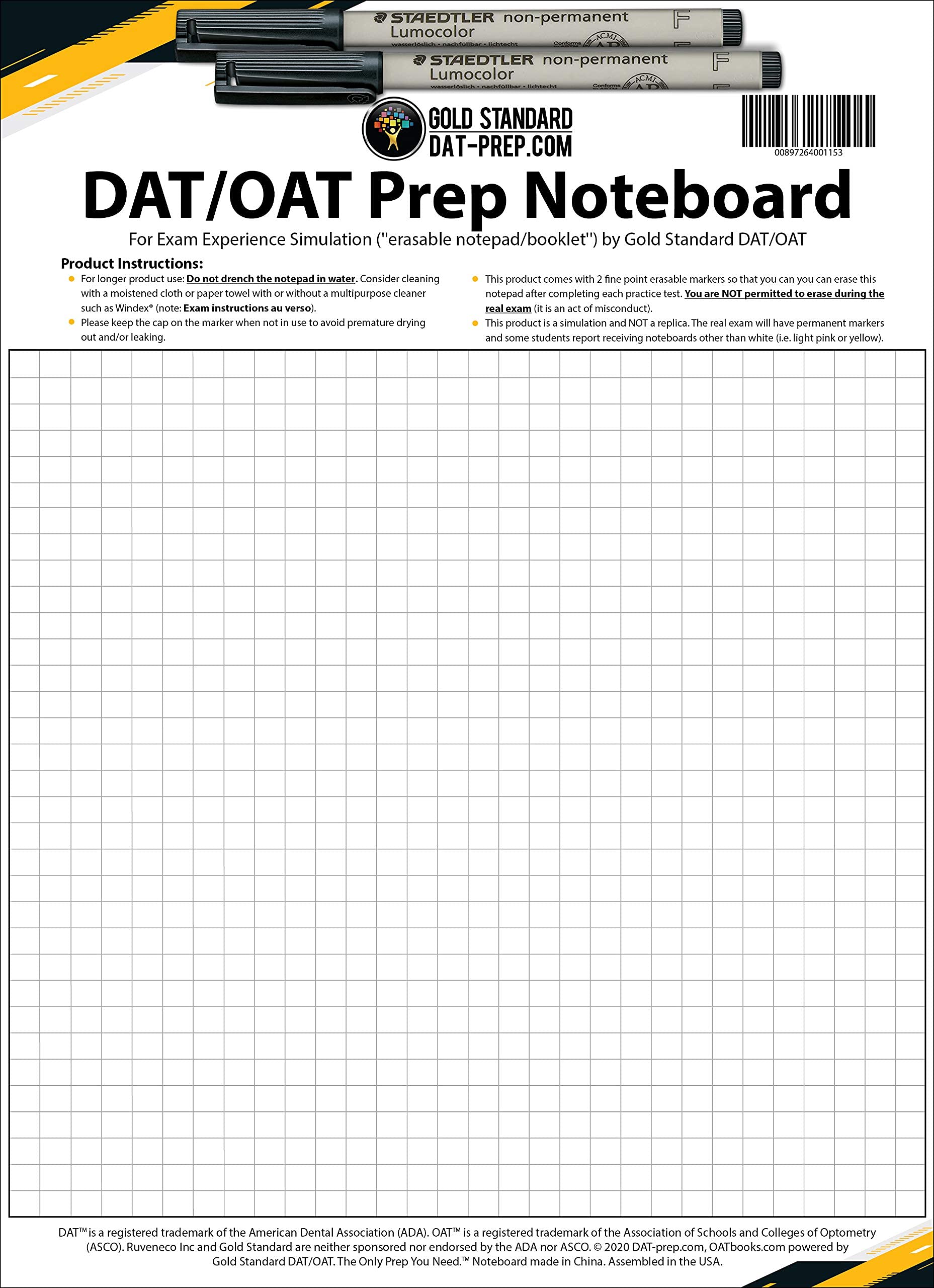 DAT/OAT Prep Erasable Notepad (noteboard booklet) with Staedtler Markers for Exam Experience Simulation Spiral-bound – January 1, 2021