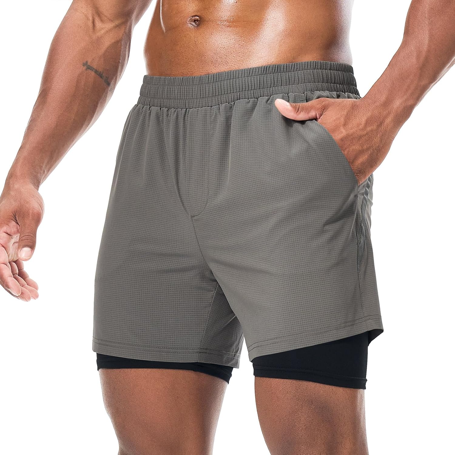 Surneow Men's Running Shorts Lightweight Athletic Shorts Quick Dry Gym Workout 2 in 1 Shorts for Men with Zipper Pockets Gray