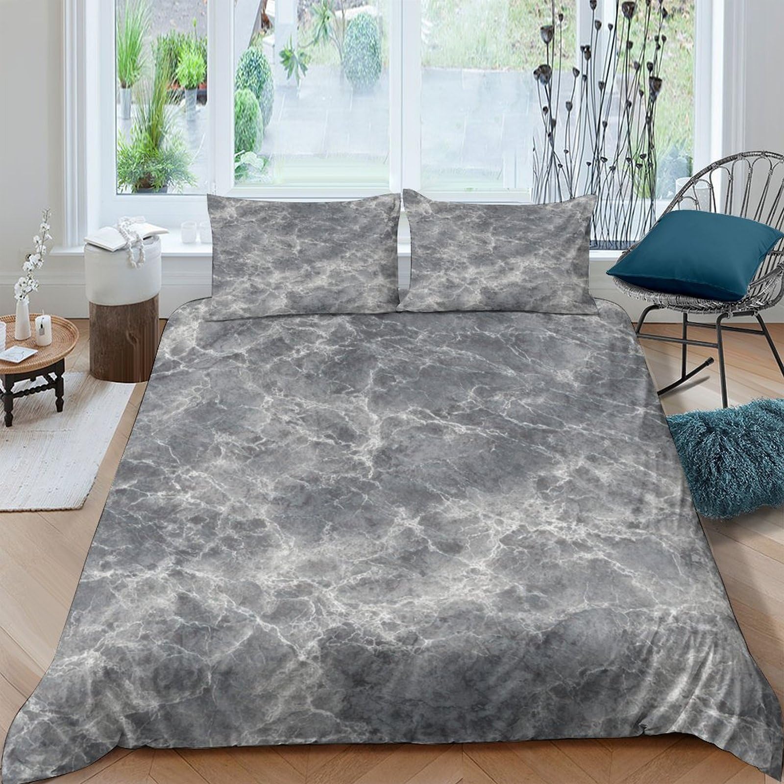 GPLZQXKJNH 3D Printed Marble Texture Duvet Cover Microfiber Soft Grey Stone Pattern Bedding Set with 2 Pillowcases for Bedroom Decor Single（135x200cm）