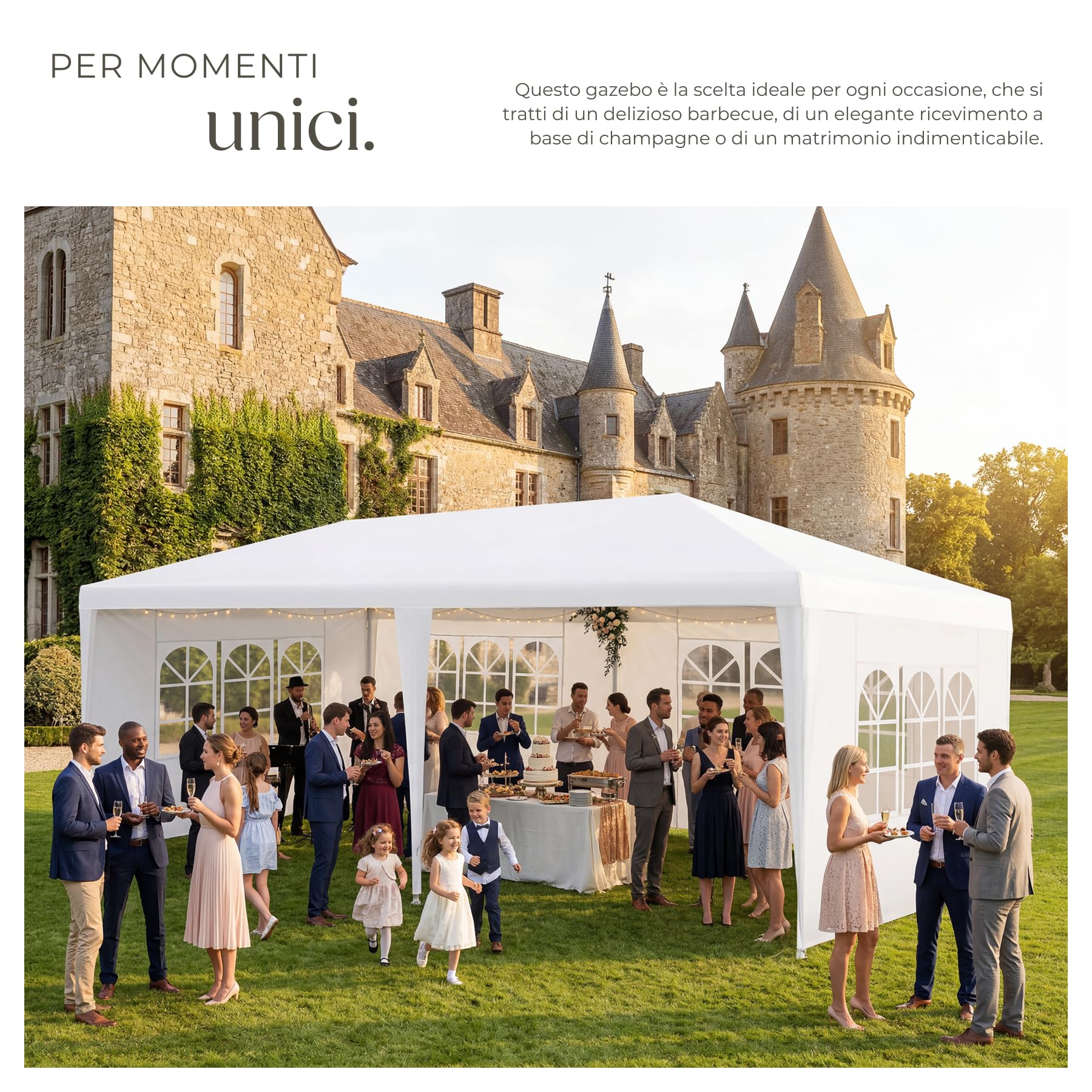 tectake® Gazebo 3x6 m, impermeabile con 5 pannelli laterali rimovibili, struttura in acciaio, tenda con protezione UV, tendone per feste, balconi, campeggio, auto, gazebo terrazzo esterno - Bianco