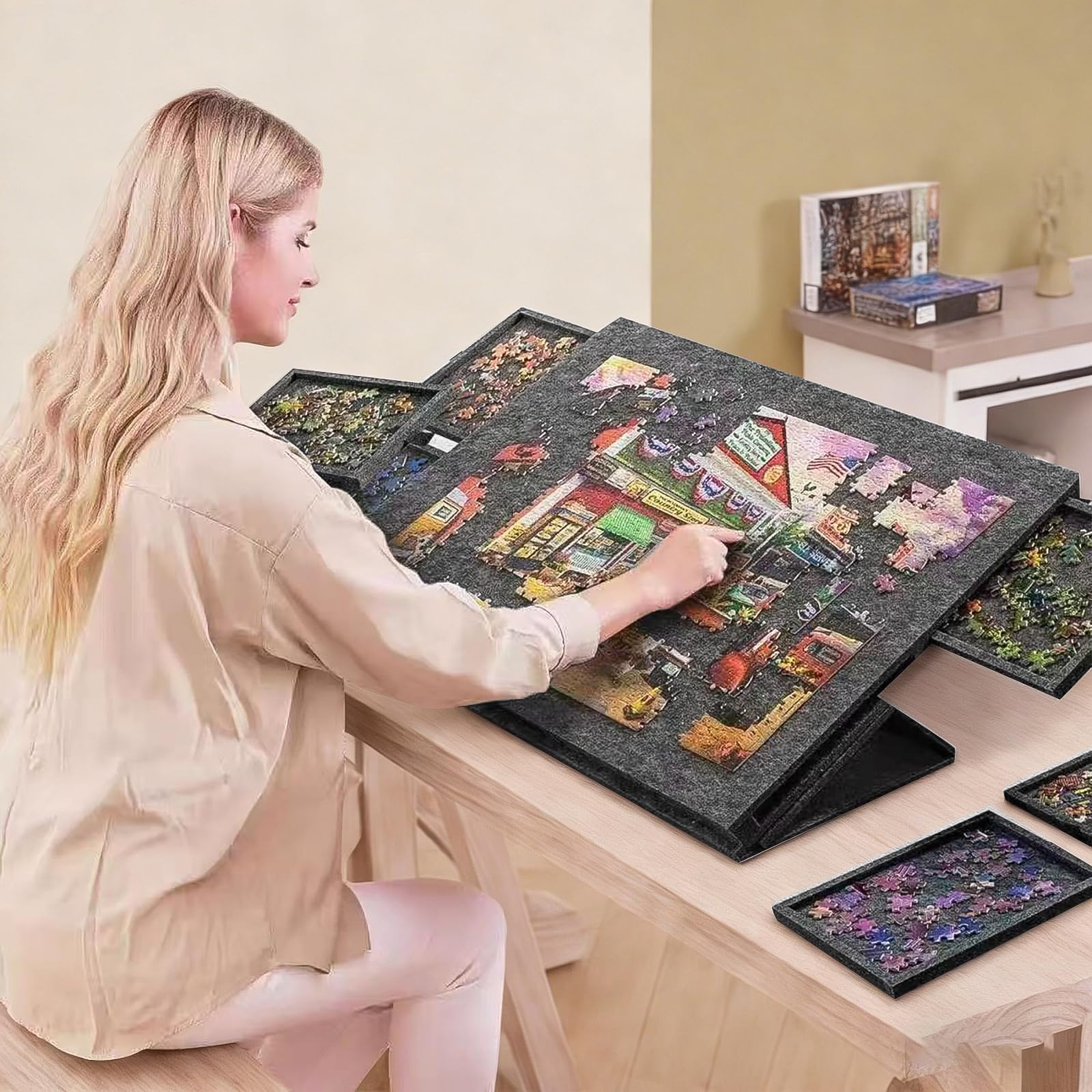 Tavolo per Puzzle Inclinabile con 6 Cassetti e Copertura - Tavola Leggera in Feltro per Fino a 1000 Pezzi - Con Supporto 2-in-1 e Maniglia da Trasporto - Ideale per Adulti e Appassionati di Puzzle