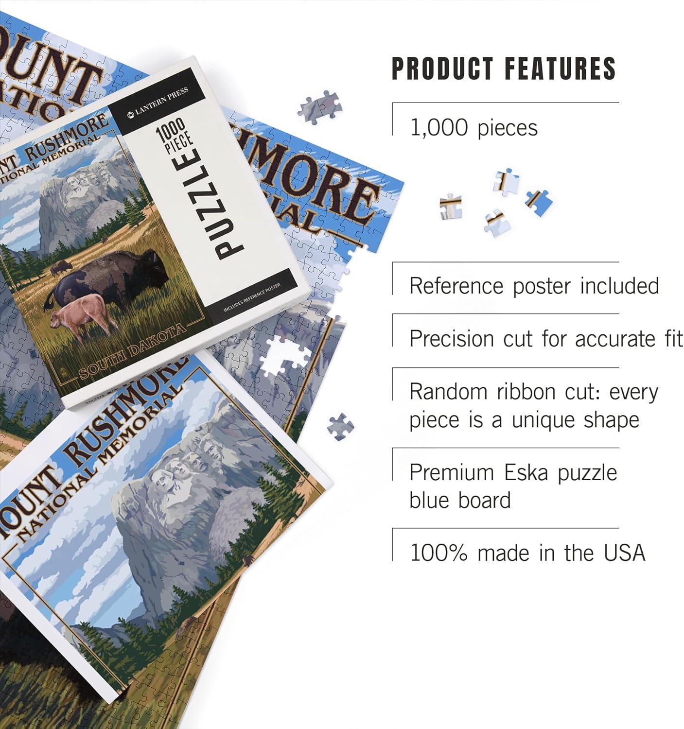Lantern Press Mount Rushmore National Memorial, South Dakota, Bison Scene 1000 Piece Jigsaw Puzzle for Adults, Made in USA with Reference Poster