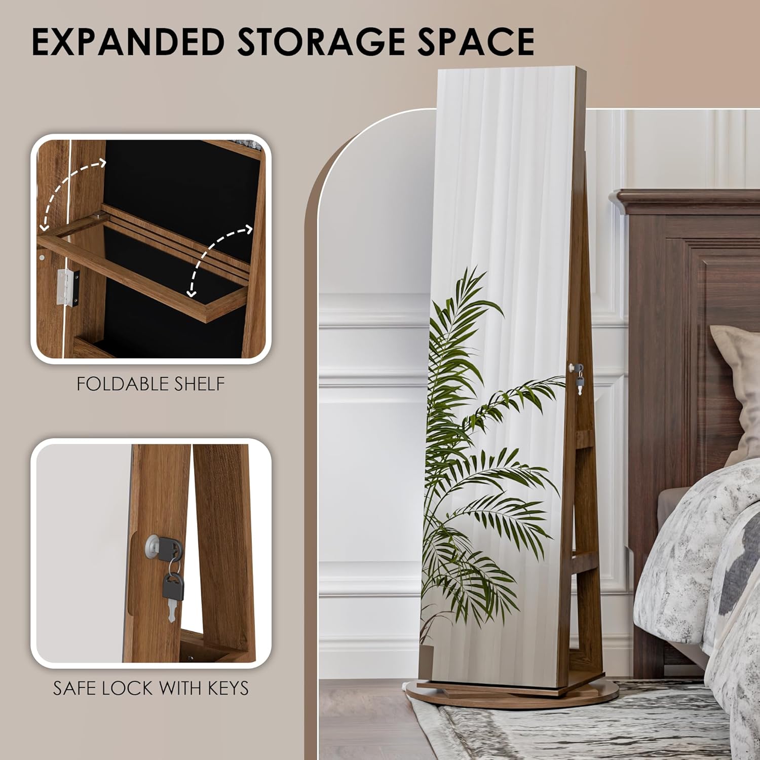 Zamildon's 360° Swivel Jewelry Mirror Cabinet, Lockable Standing Jewelry Armoire with Full Length Mirror, Storage Shelves, Built-in Makeup Mirror (Rustic Brown)