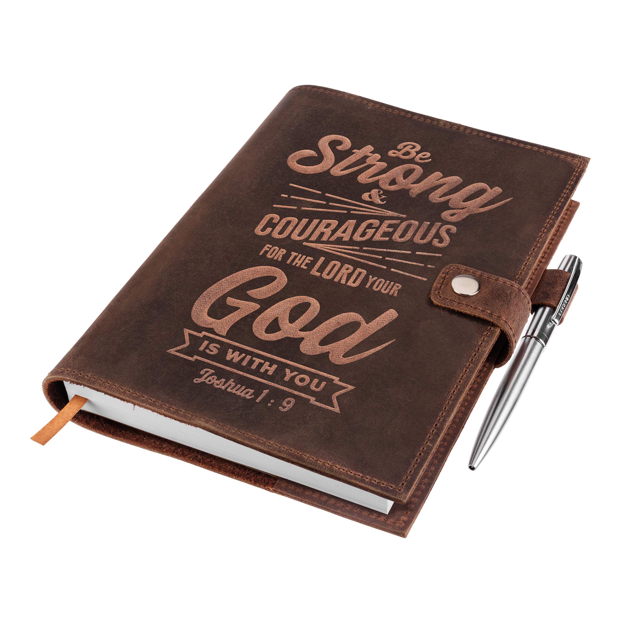 Genuine Leather Journal Lined Notebook – Joshua 1v9 Embossed Bible Inscription – Rustic Handcrafted Buffalo Leather Refillable Journal with 320 Pages of Milled A5 Ruled Paper – Includes Silver Pen