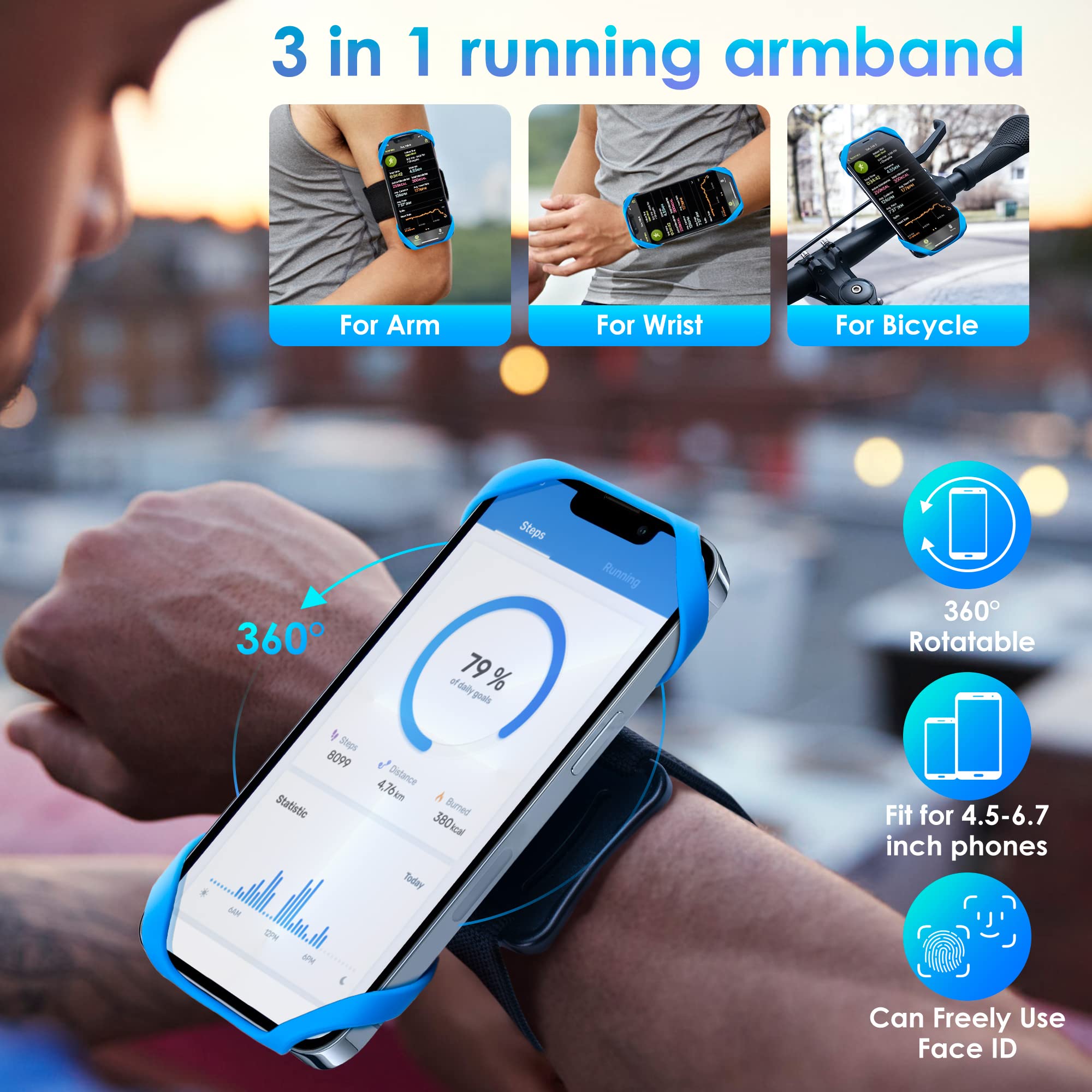 Cikyner Brazalete Deportivo para Correr, 3 en 1 Brazalete Deportivo para Teléfono para Bicicleta 360 ° Giratorio y Desmontable Brazalete Corriendo para 4.5-7 '' iPhone para Gimnasio Correr