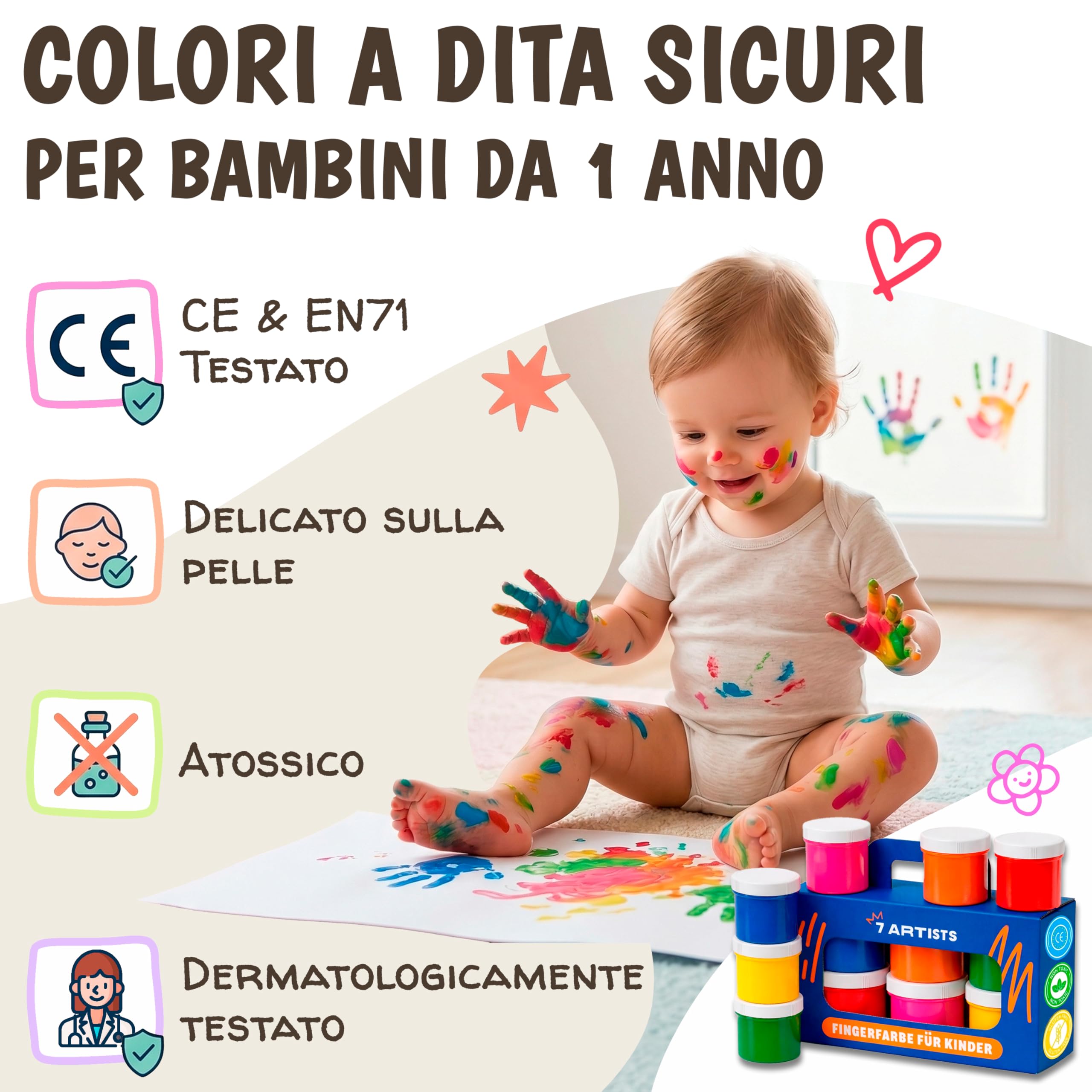 Colori a Dita per Bambini Atossici Lavabili 6x60ml – Set Pittura Bambina da 1 Anno | Pittura Dita, Mani, Piedi | Colori per Impronte Neonati | Tempere Lavabili per Bambini Multi Superficie