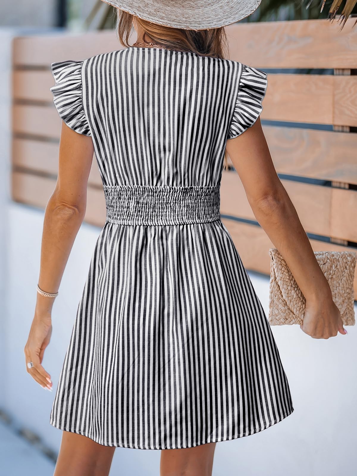 Condition photo showing New/Like New for blue cupshe women's striped deep v-neck button down mini sundress | flutter cap sleeve, smocked high waist flowy a-line dress, for summer vacation, semi-formal event, work, casual daily wear