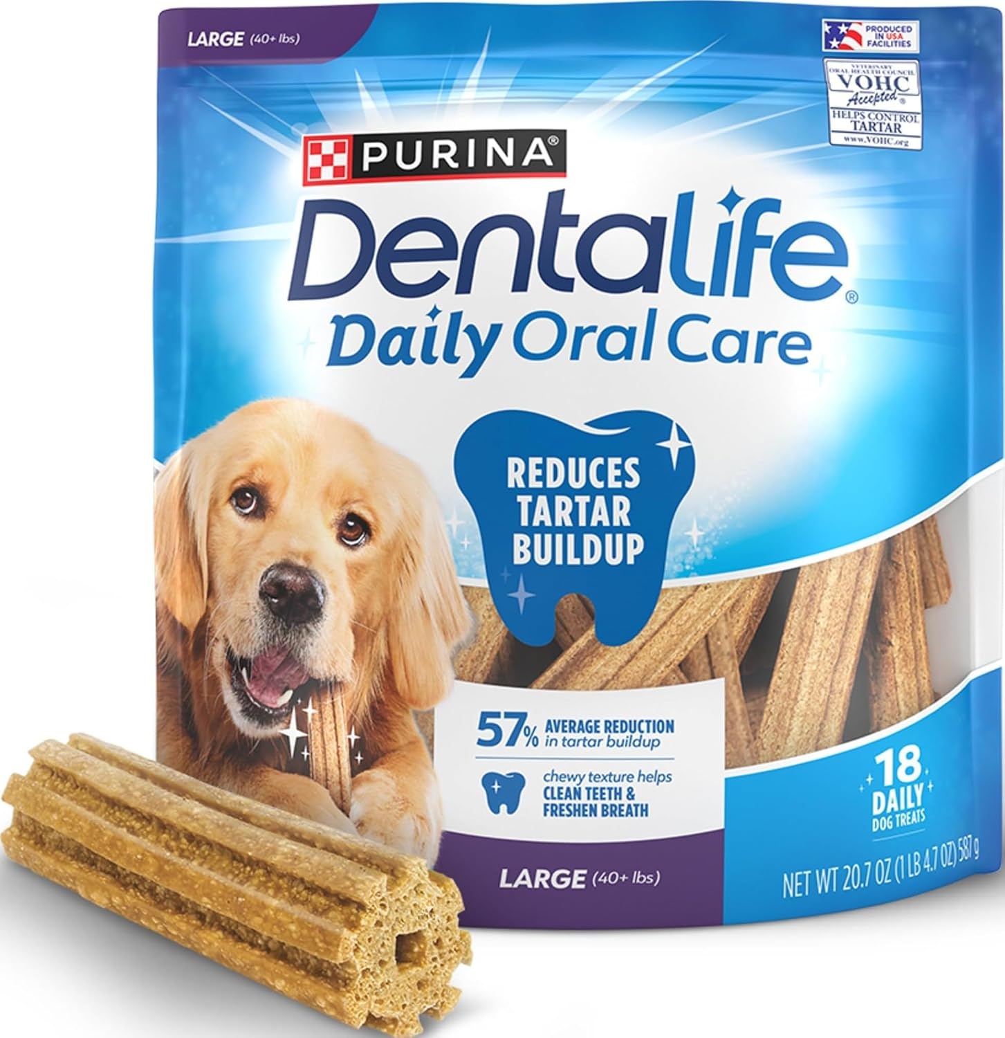 Purina DentaLife Daily Dental Chews for Large Dogs, Chicken Flavor, VOHC Accepted, 18 Count Resealable Pouch