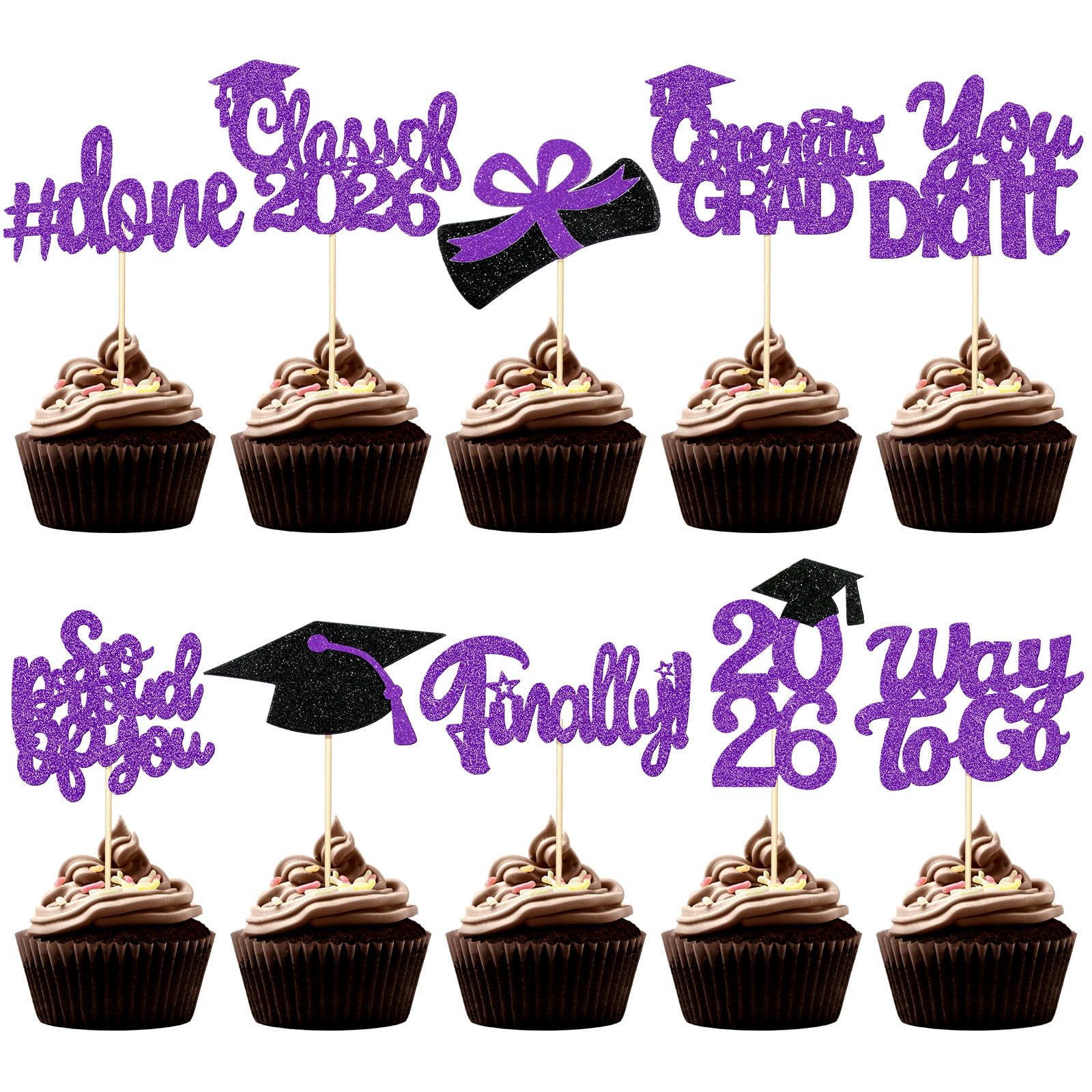 FoldTier 100 Pcs Graduation Cupcake Toppers Congrats Grad Class of 2026 Graduation Cupcake Picks Toppers Diploma Supplies for Party Decorations(Purple