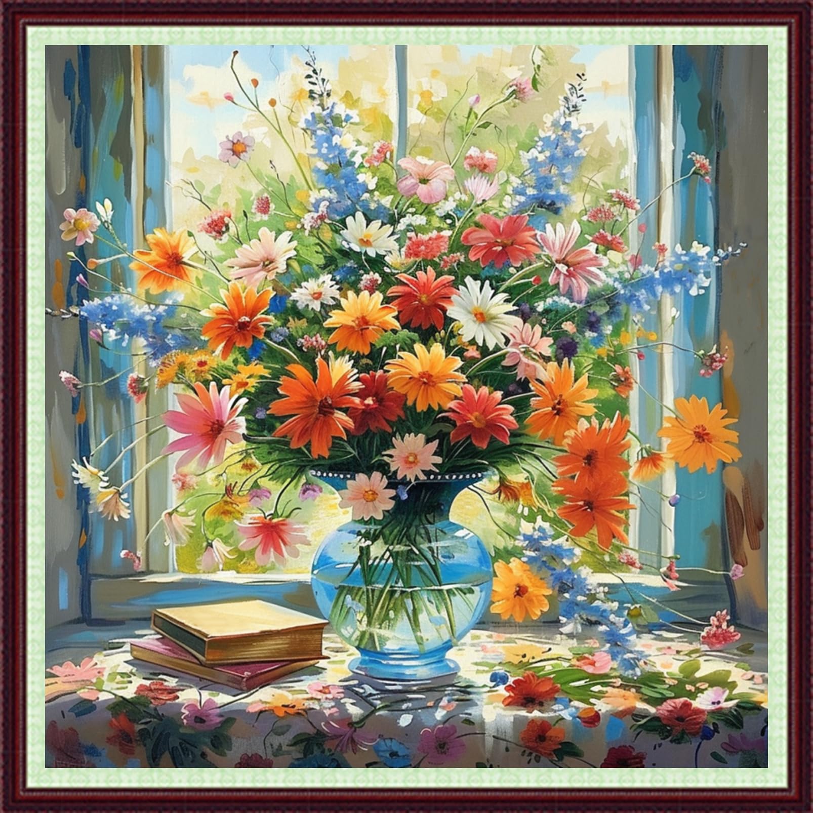 Dooxvey Cross Stitch Kits for Adults Beginners,Full Range of Cross-Stitch Stamped Kits Needlepoint Kits for Beginners Embroidery Kits 11CT Cross Stitch Patterns-Window sill colorful flowers 18x18 inch