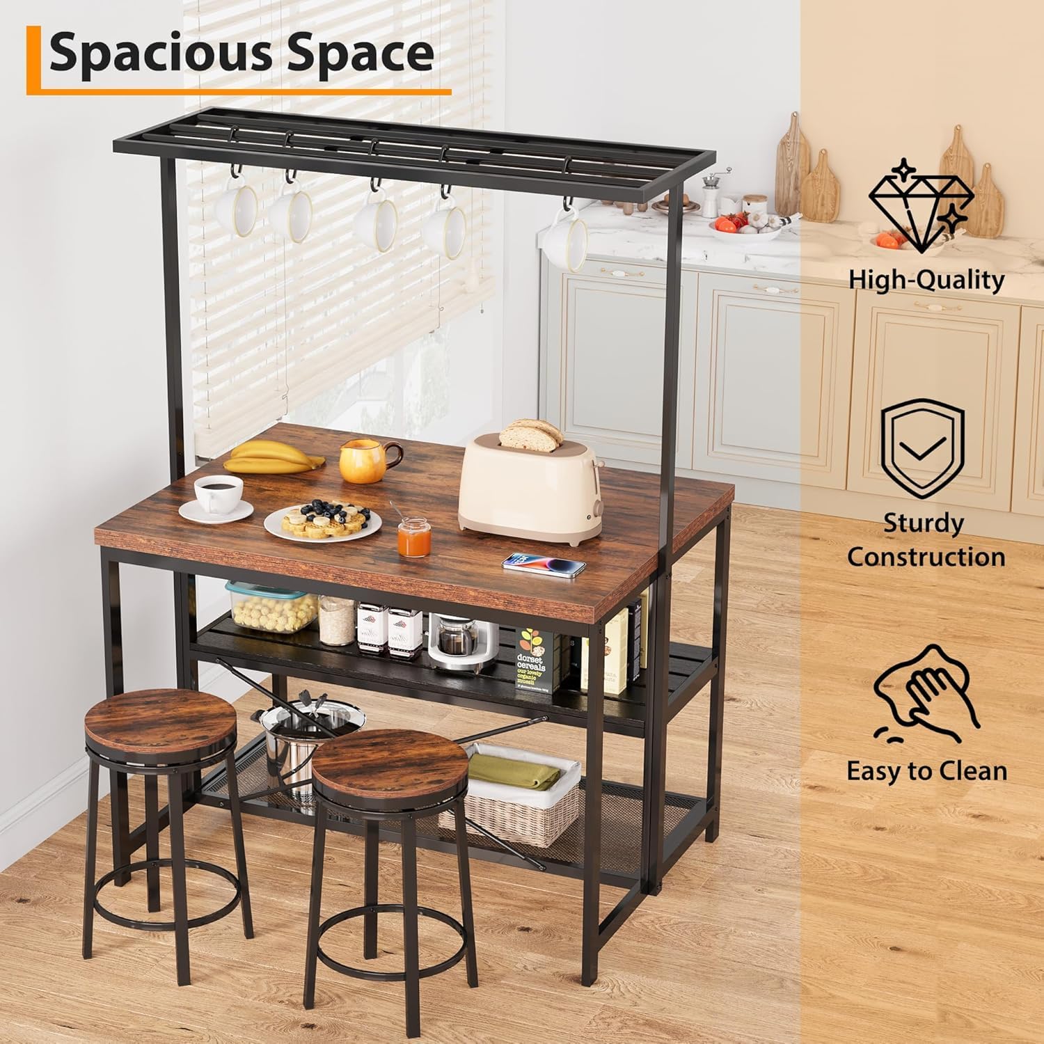 Grande supporto da cucina, supporto per forno a microonde, ripiano portaoggetti da cucina a 3 livelli, 5 ganci, tavolino in metallo per sala da pranzo o soggiorno, 106 x 71 x 183 cm