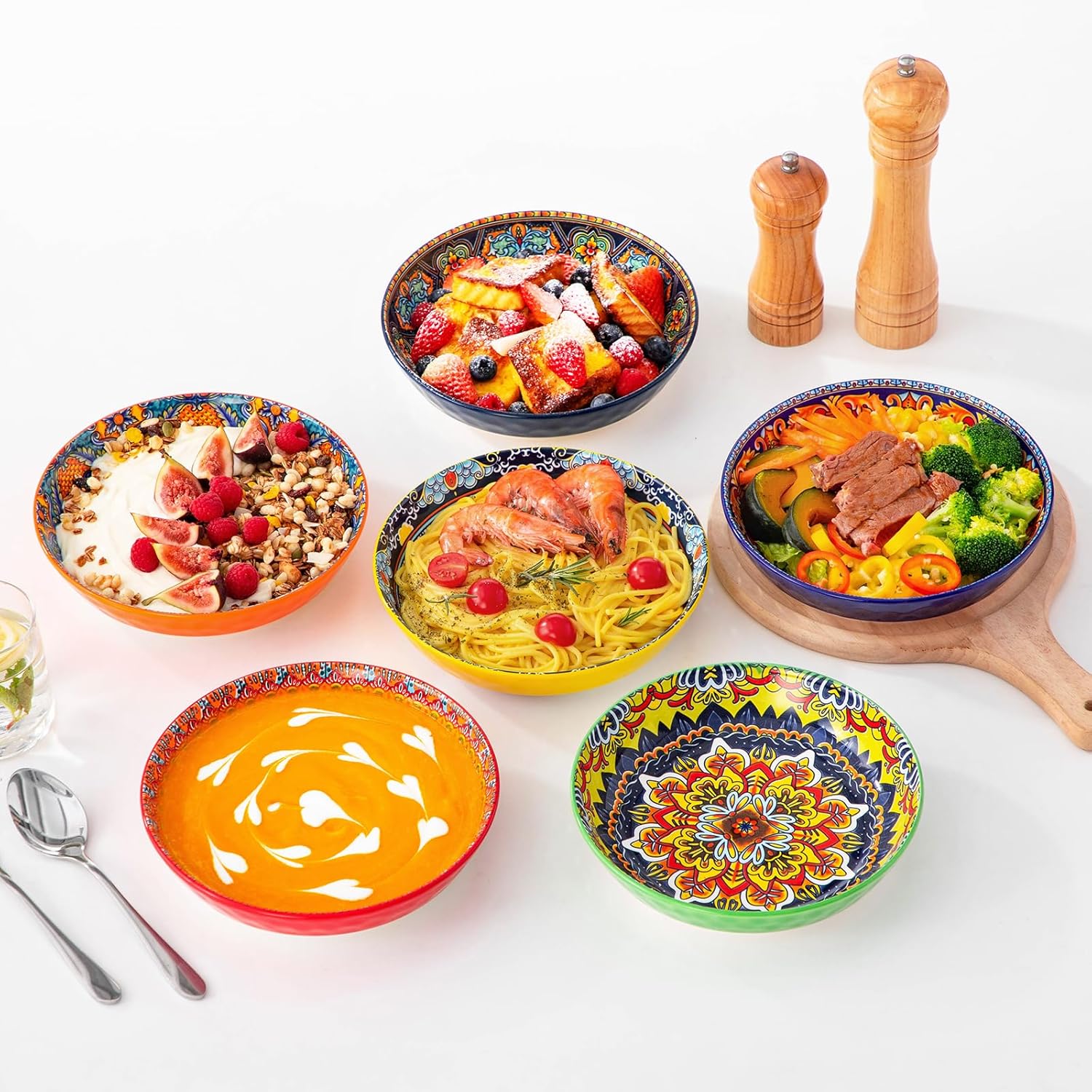 vancasso KRVI Boho Cereal Bowls Set of 6 and 32 Oz Pasta Bowls, Porcelain Large Colorful Salad Soup Bowls Set of 6
