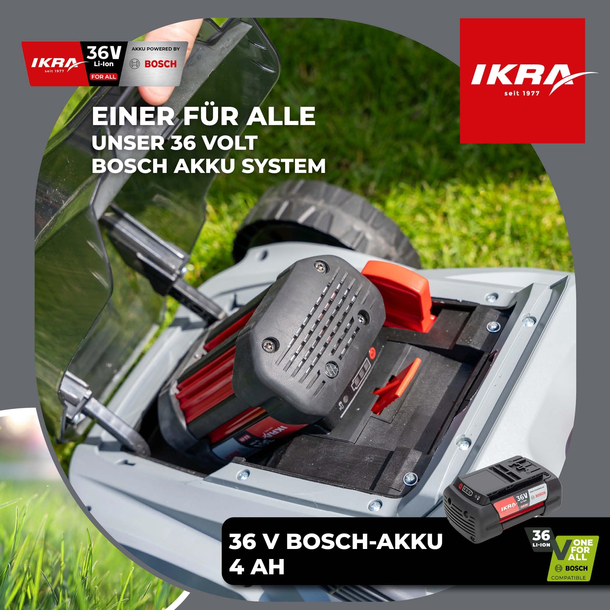IKRA 36 Volt 4,0Ah Li-Ion Akku Ersatzakku Typ LI 28, Powered by Bosch | Made in Europe, mit Bosch COOLPACK-Technologie, LED-Anzeige, 144Wh, kompatibel mit Bosch 36V Geräten