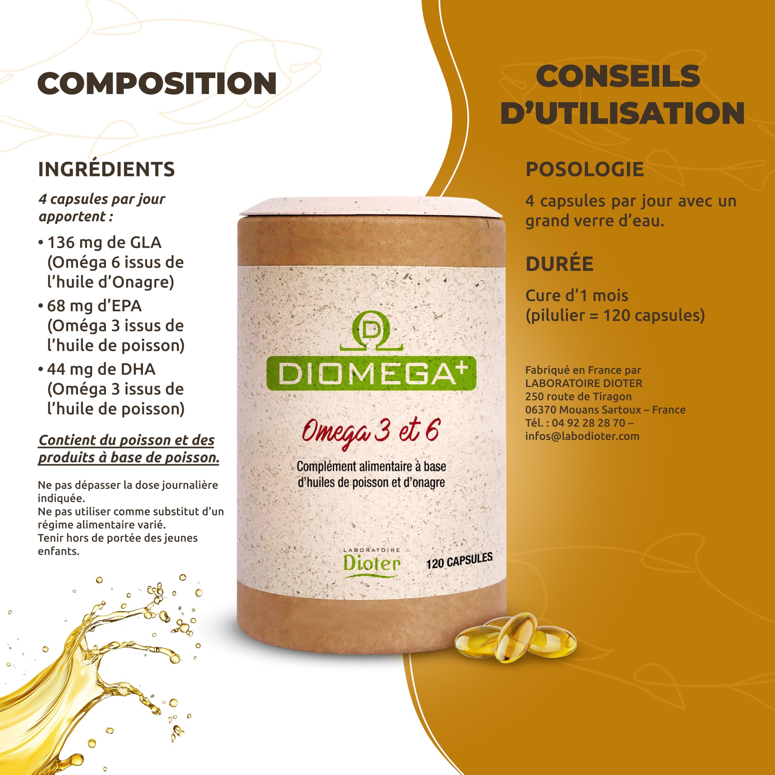 Dioméga Équilibre Oméga 3 & 6 – Huile de Poisson + Huile d’Onagre – Complément Alimentaire Femme Pré-Ménopause & Ménopause – Bien-être Hormonal, Peau, Humeur – Confort Féminin – 120 capsules