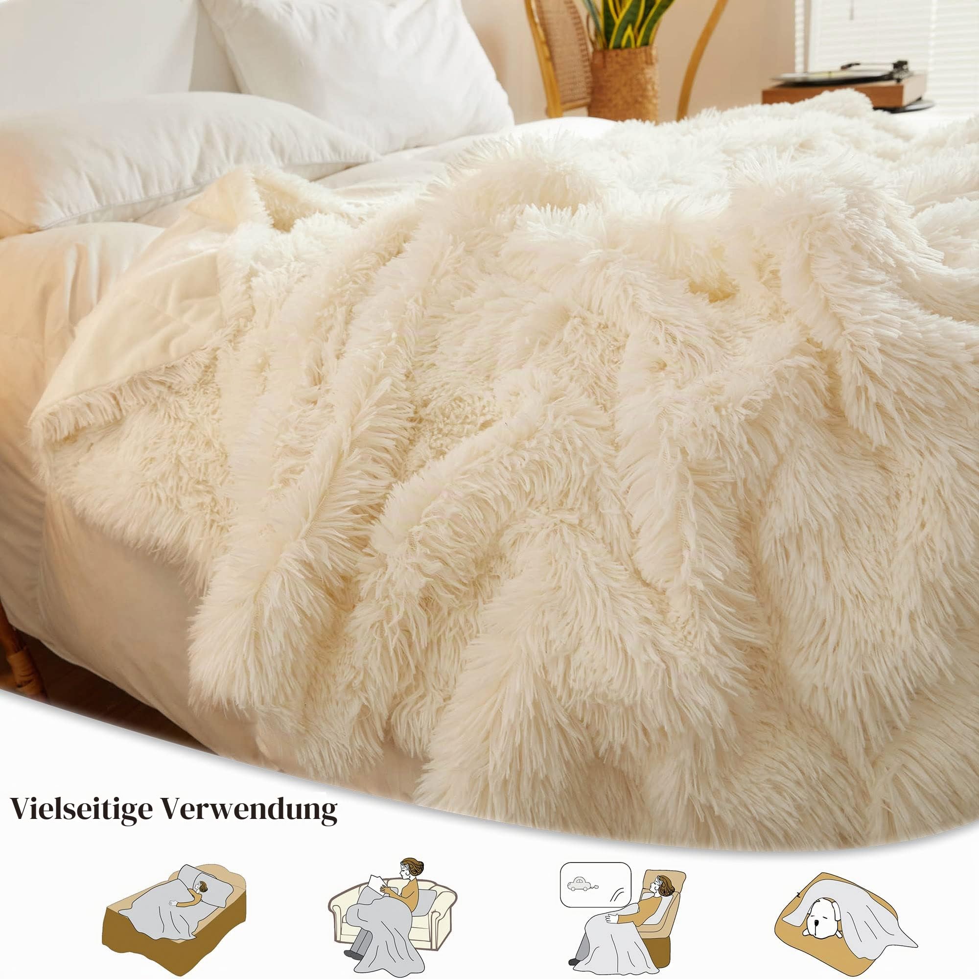 XeGe Luxuriöse Flauschige Bettdecke Sofa Kuscheldecke, warme winterliche Felldecke, hochwertige Kunstpelz Decke, zottelige Plüschdecke, 150x200 cm pelzige Wohndecke für Couch, Beige