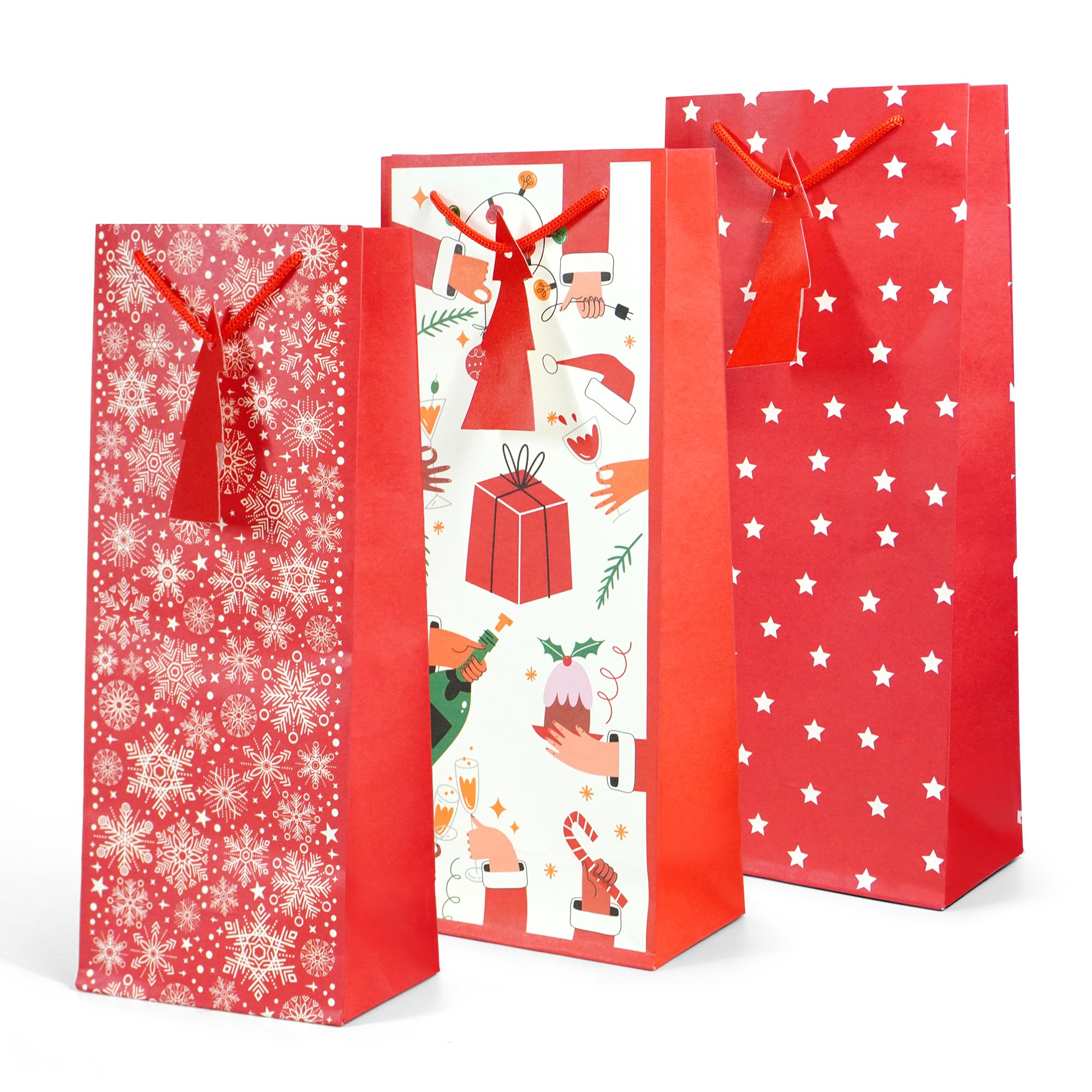Kraft & Co Christmas Wine Bottle Gift Bags - 3 Pack, 200gsm - Festive