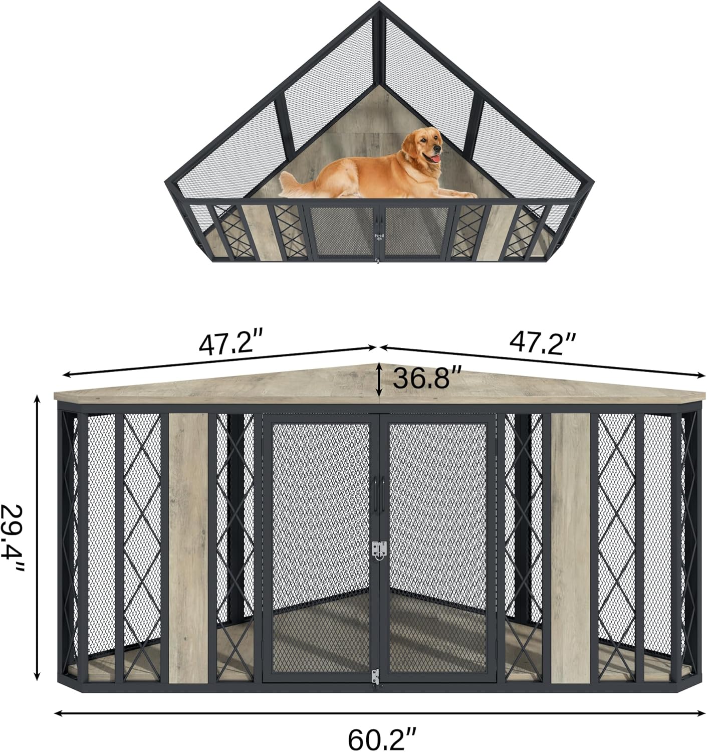kepptory 67" Corner Wooden Dog Crate Furniture with Diamond Metal Decoration, Pet Kennel for Small, Medium and Large Dogs, Space-Saving Dog Cage for TV Stand(Grey)