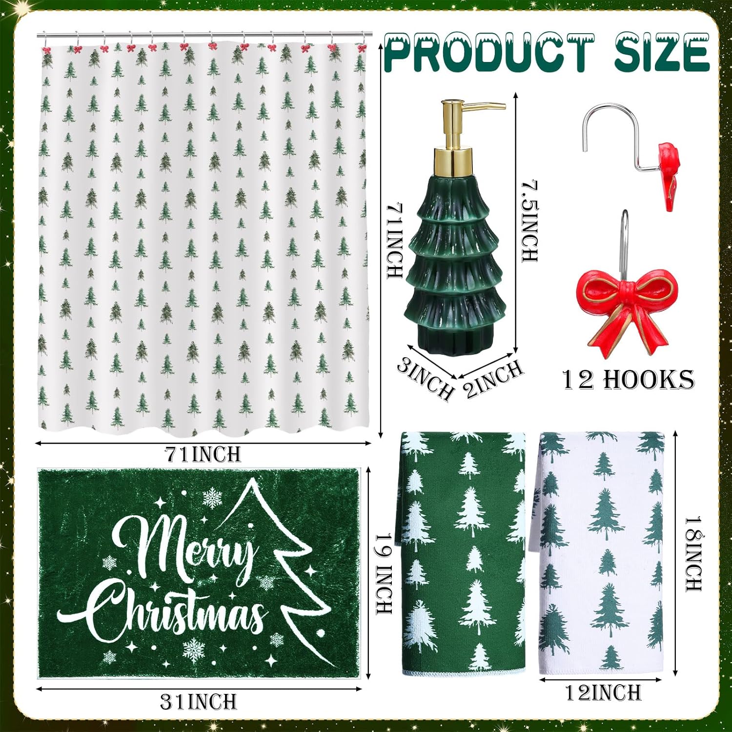 17 Pcs Christmas Bathroom Accessories Set Christmas Tree Shower Curtain with 12 Hooks Bath Mat Rug Non Slip Soap and Lotion Dispenser 2 Towels for Holiday Decorations Merry Xmas Gifts