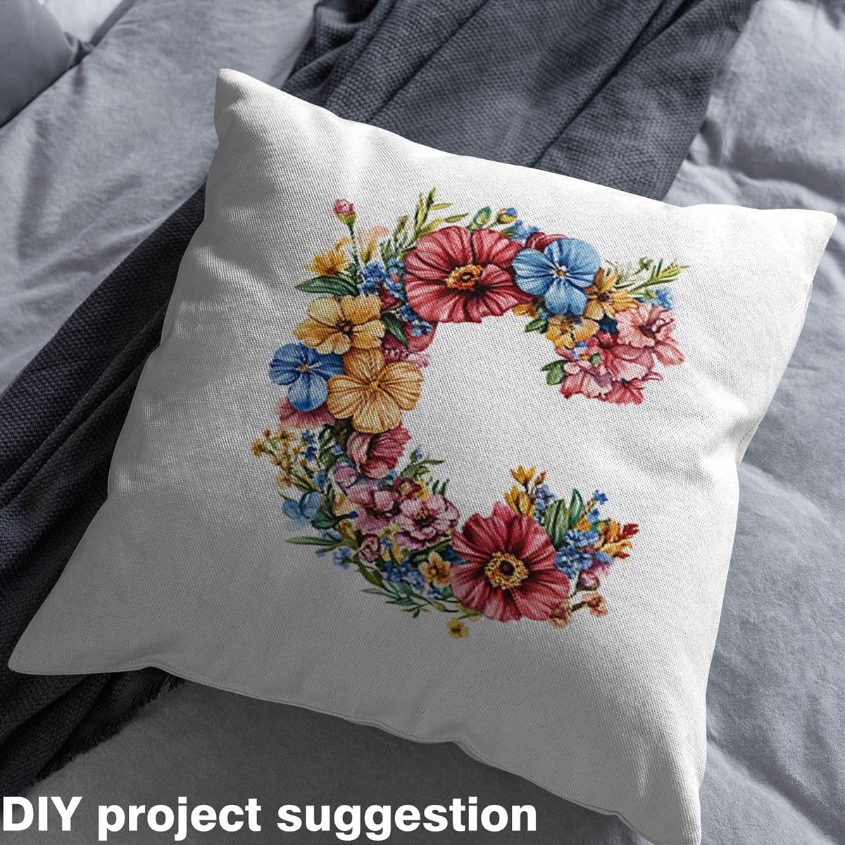 Loussiesd Flanne florale Tissu 276x150cm douce lettre initiale C Tissus au Metre pour coussin de chaise de canapé Décor imprimé botanique pour projets d'artisanat de couture bricolage