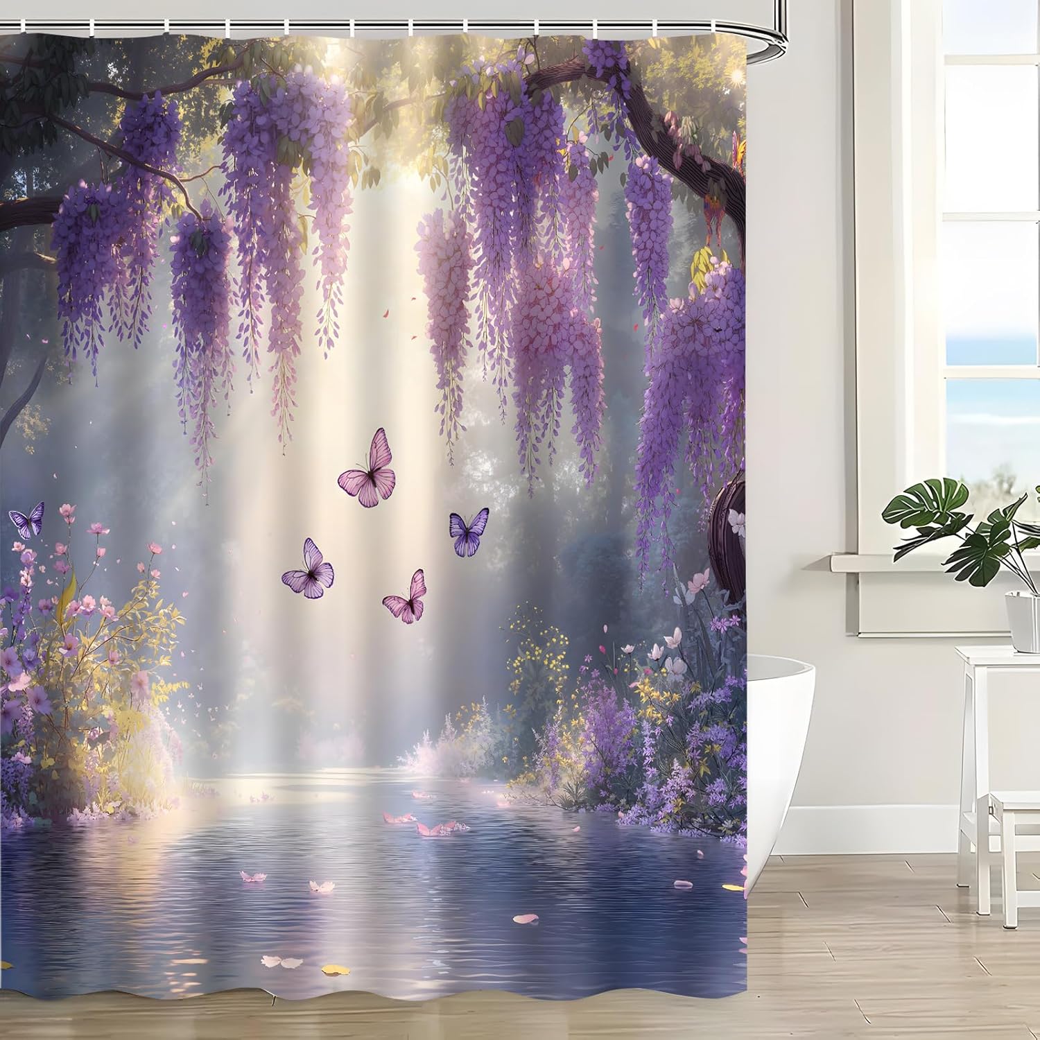 Purple Floral Shower Curtain Spring Forest Lilac Flower Leaves Butterfly Cute Weeping Vine Dreamy Nature Garden Landscape Bath Decor Curtain with Hooks, 70x84 Inch
