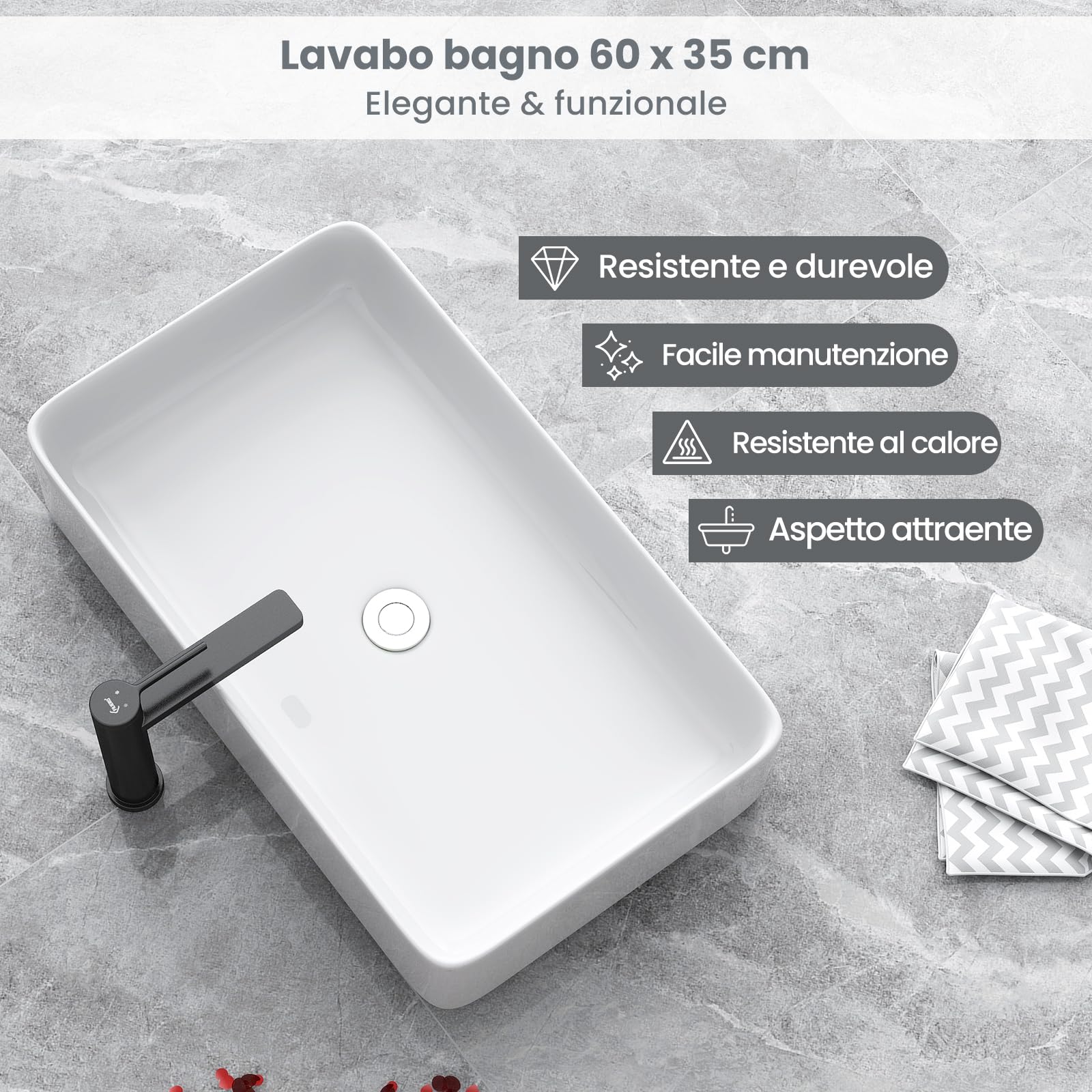 GYMAX 60 x 35 x 11 cm Lavabo in Ceramica Rettangolare con Scarico a Pressione, Lavello d'Appoggio Bianco con Superficie Liscia per una Pulizia Facile, Stile Moderno, Ideale per Casa, Ristorante, Hotel