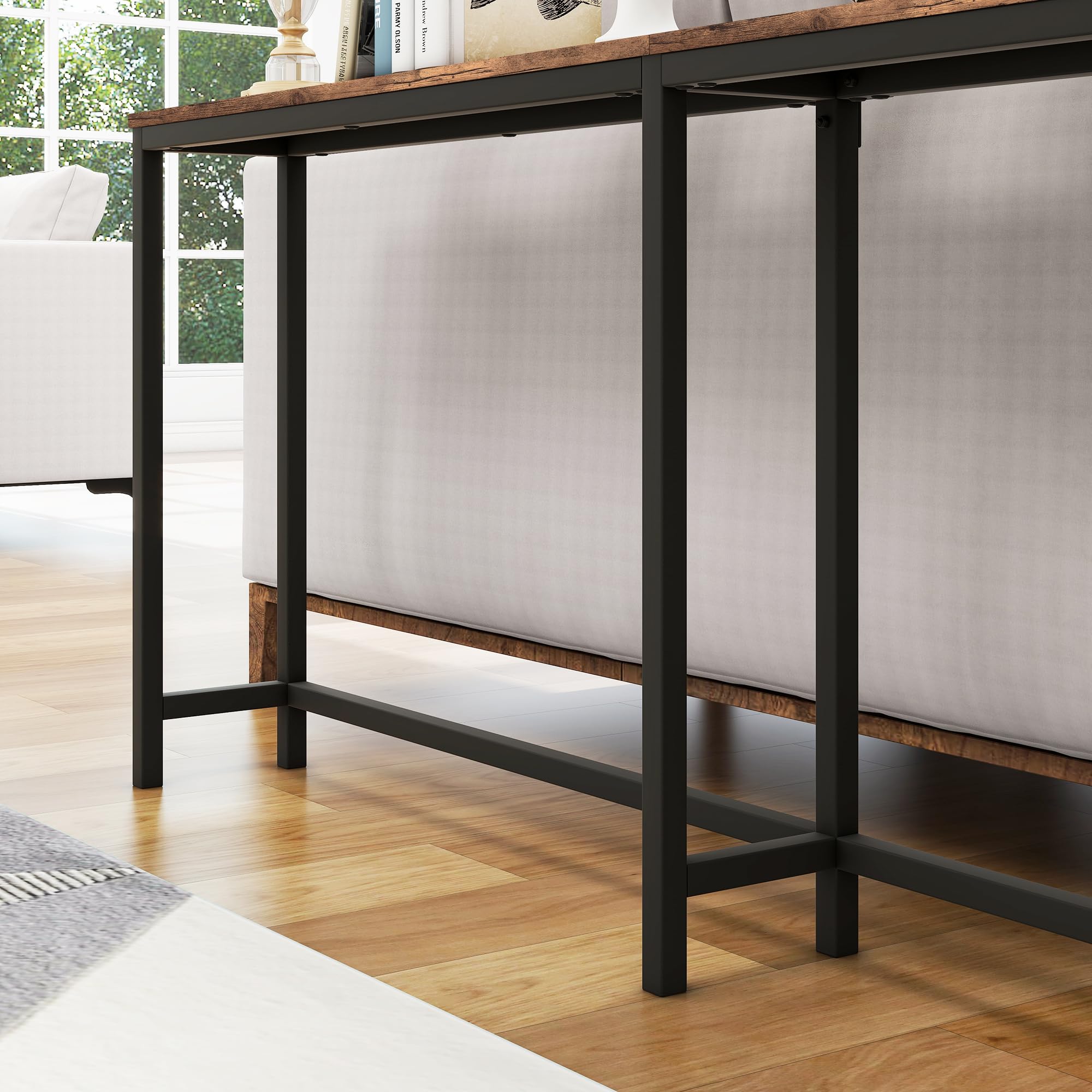 Mesa consola de 70.8 pulgadas con puertos USB, mesa de sofá con estación de carga, mesa de entrada estrecha, mesa de pasillo delgada, color marrón rústico 9