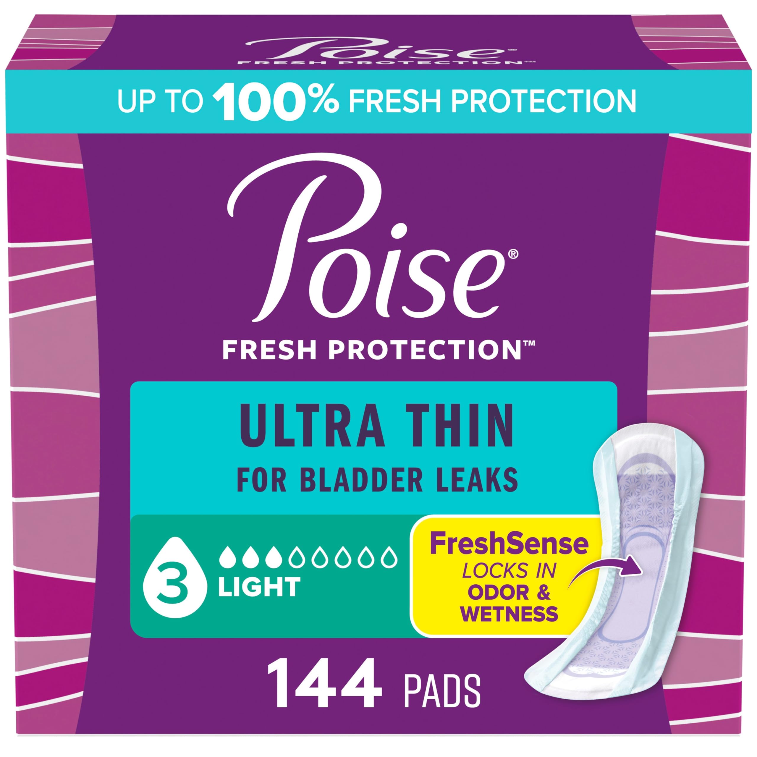PoiseUltra Thin Incontinence Pads & Postpartum Pads for Bladder Leaks, 3 Drop Light Absorbency, Regular Length, 144 Count, Packaging May Vary