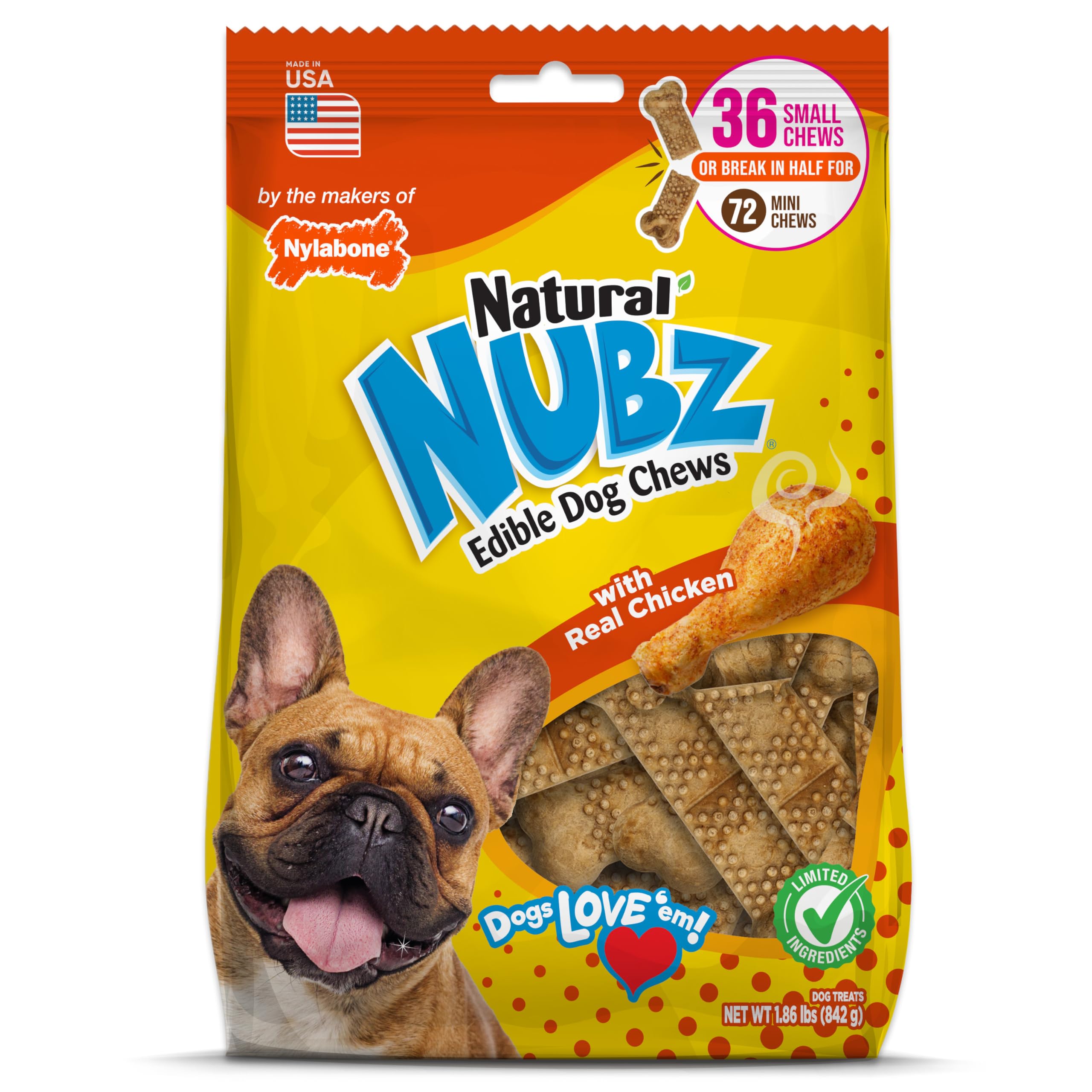 Nylabone Nubz Natural Dog Chews, Chicken Flavor Treats for Small Dogs, Long Lasting Dog Chew Bones Made in The USA, Rawhide Free, Small Up to 30 lbs. (36 Count)