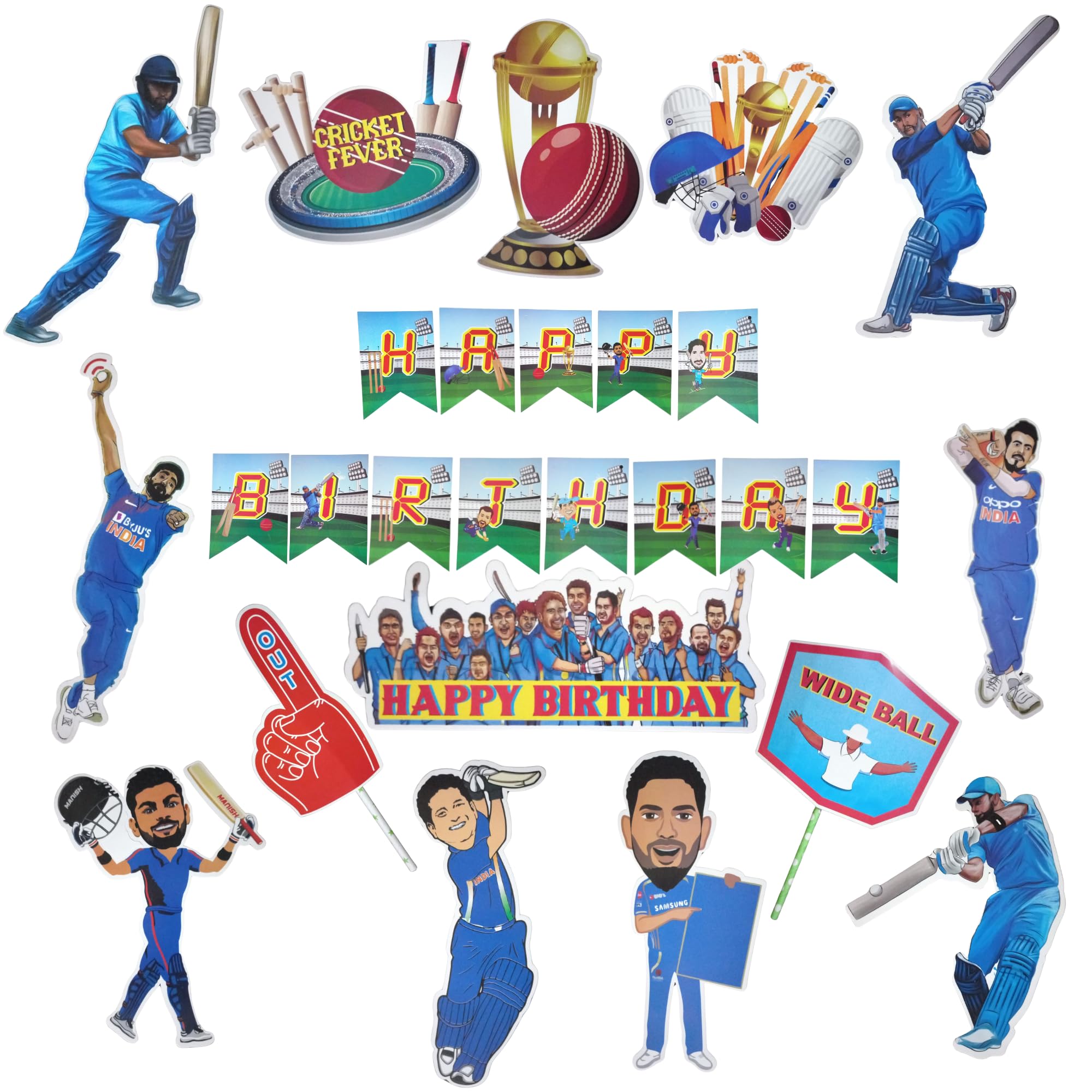 15 pcs Cricket Theme Birthday Decoration Indian Cricket Team Cutouts Cake Topper Props Sports Theme Happy Bday Decoration (Pack of 15, Multicolor)