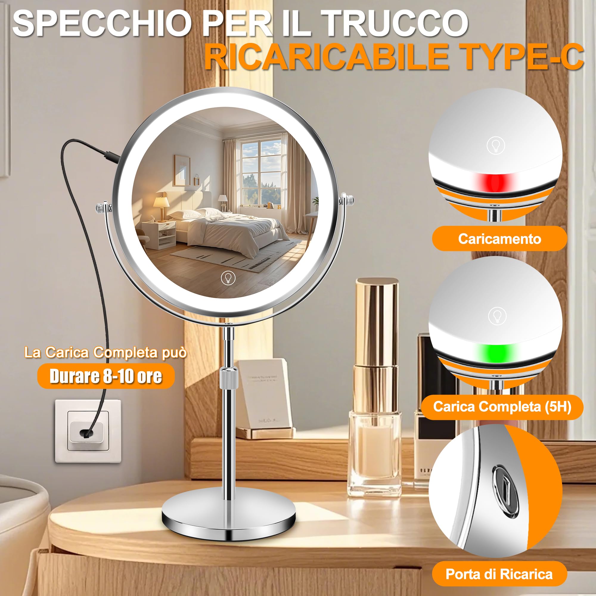Specchio Trucco Con Luci, Specchio Ingranditore 10x Rotazione A 360° Con 3 Luci Colorate Luminosità Regolabile, Specchio Trucco Con Bifacciale Per La Cura Personale E Il Trucco