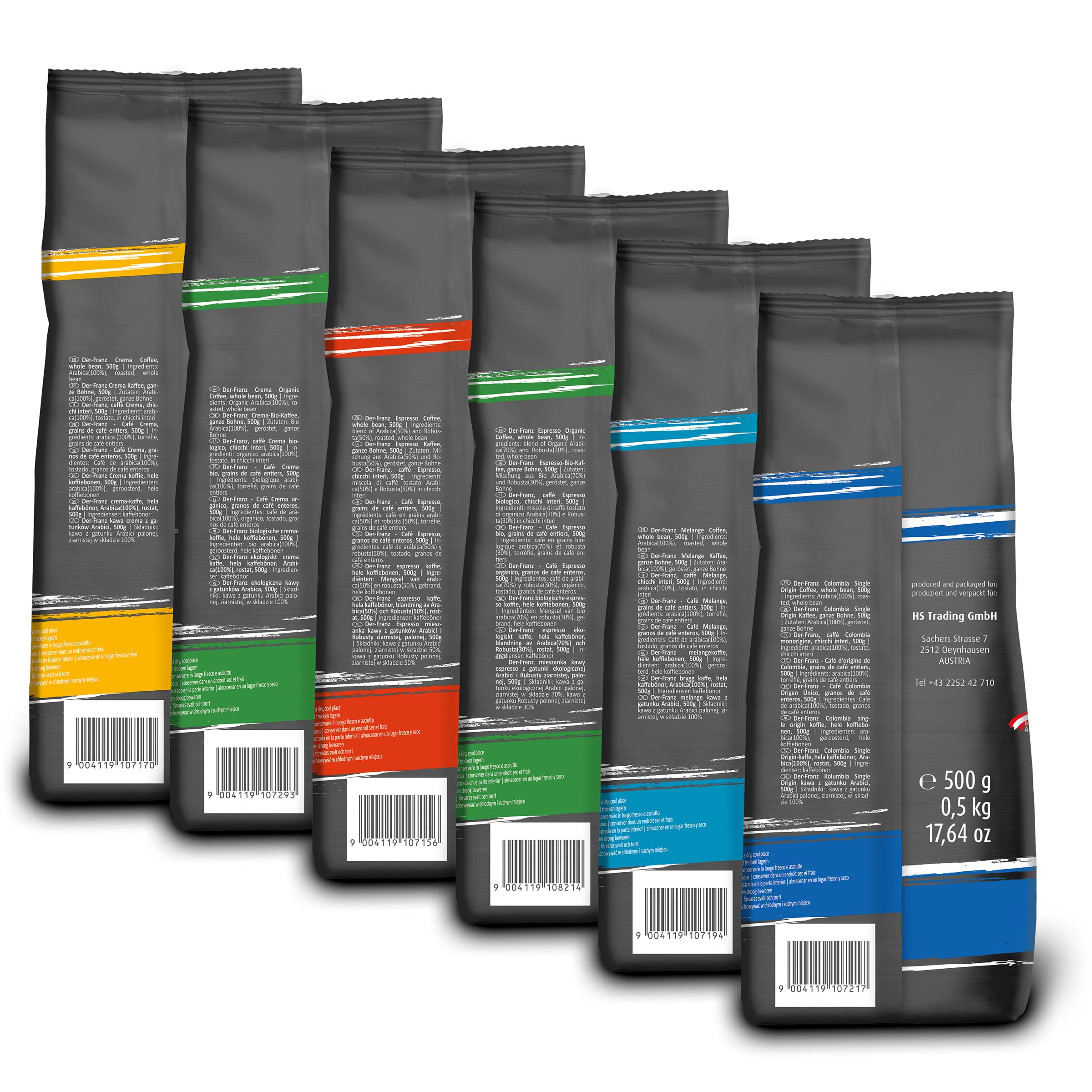 Der-Franz Café Pack, en grains, 6 x 500 g (1 x Crema, 1 x Espresso, 1 x Melange, 1 x Colombie, 1 x Espresso bio, 1 x Crema bio)