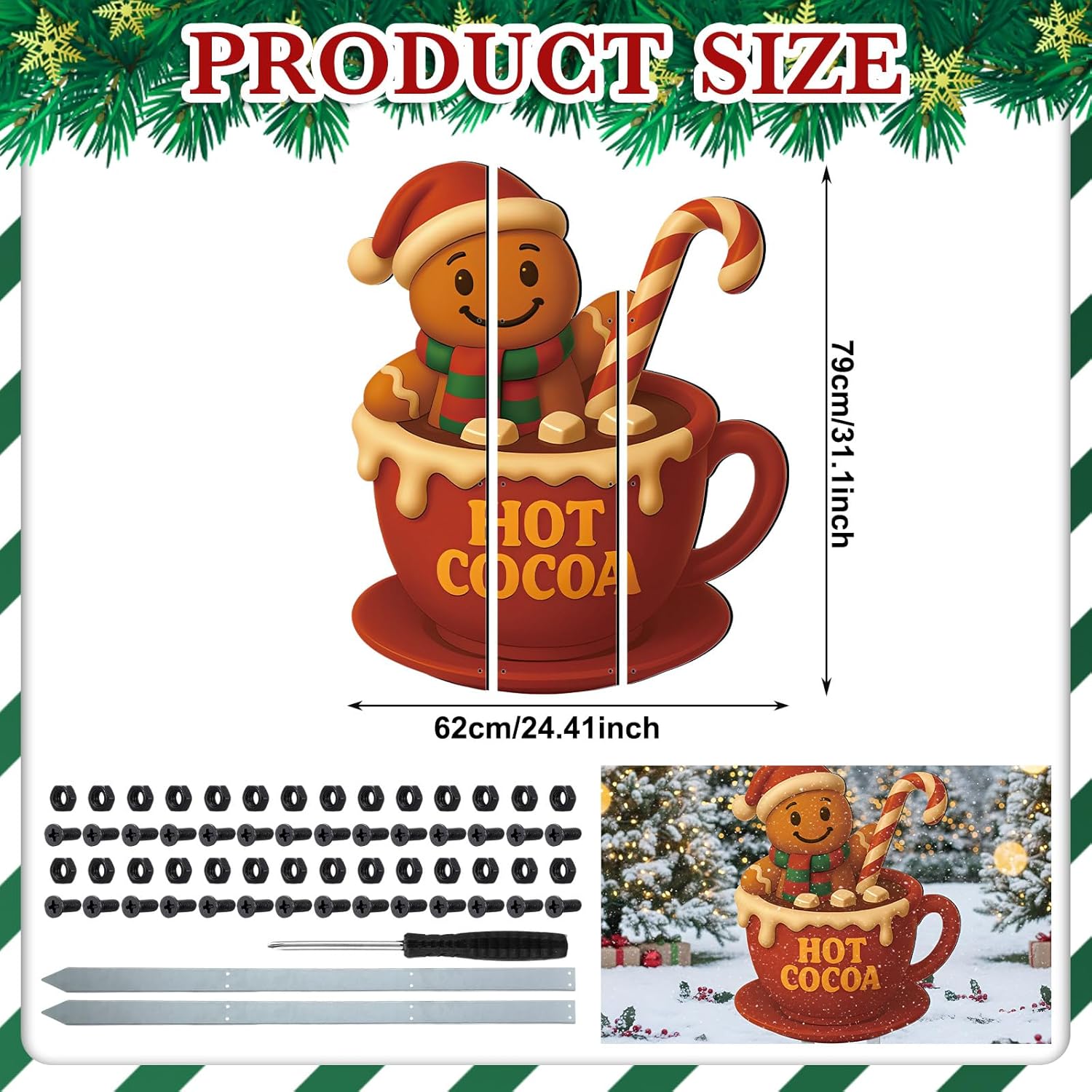 Cinnvoice 40" x 31" Large Christmas Metal Yard Stakes Christmas Garden Stakes Waterproof Xmas Outdoor Yard Decor with Stake for Xmas Holiday Lawns Outdoor Decor (Hotcocoa,Red)