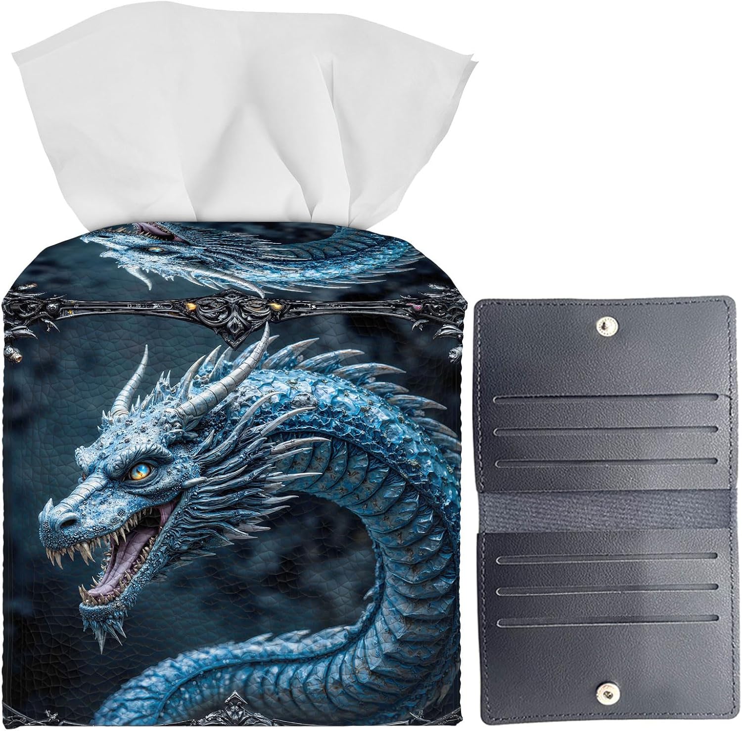 Tissue Box Cover, Square PU Leather Tissue Box Cover, Decorative Kleenex Box Cover Holder for Bathroom, Vanity, Office Desk, Nightstand & Home Decor, 5×5.5 Inch, Blue Dragon