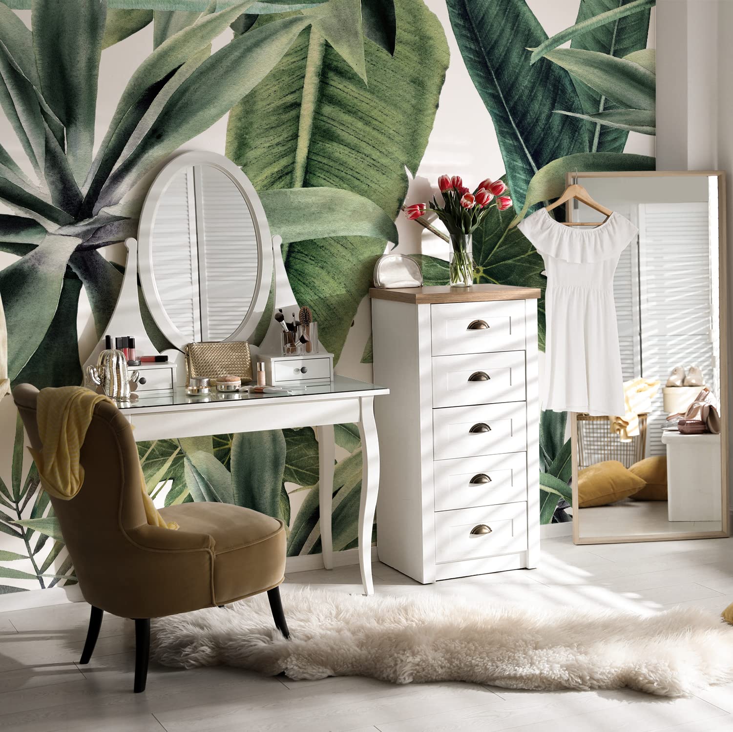 Papel tapiz de vinilo de hojas tropicales grandes para dormitorio 234x320 cm