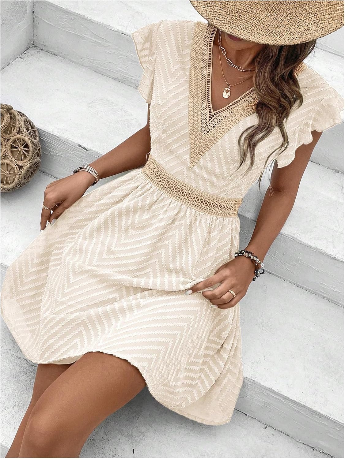 MakeMeChic Women's Contrast Lace Mini Dress Ruffle Sleeve V Neck Boho Beach Vacation Summer Dresses - Image 5