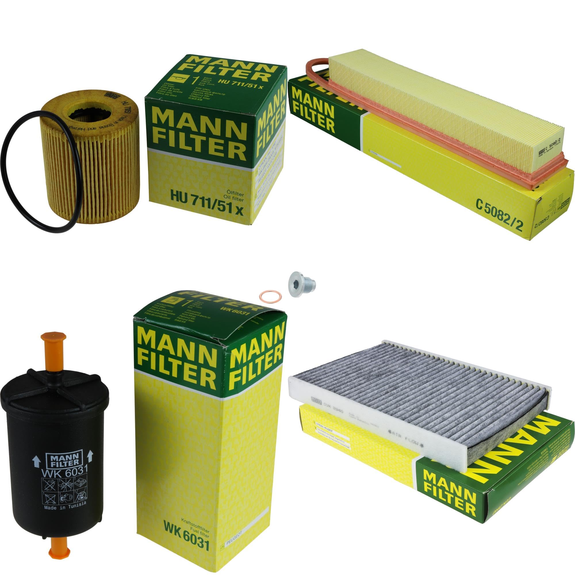 Paquete de inspección Kit de mantenimiento de filtros con filtro de aceite HU 711/51 x, filtro de aire C 5082/2, filtro de combustible WK 6031, filtro de habitáculo CUK 2940, tornillo de