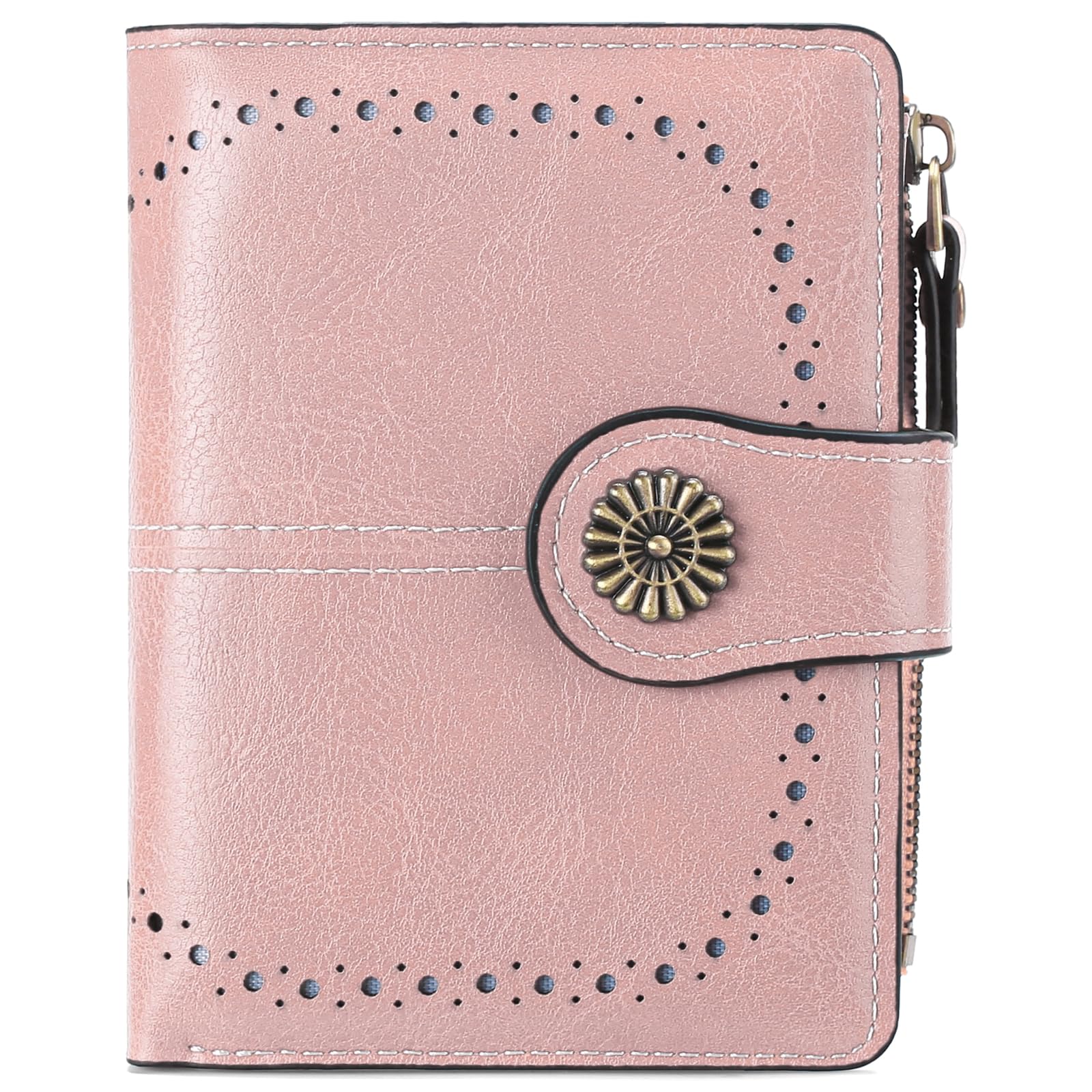 Women's Small Leather Wallet With RFID Blocking - Bifold Card Holder With Zip Pocket, Light Pink