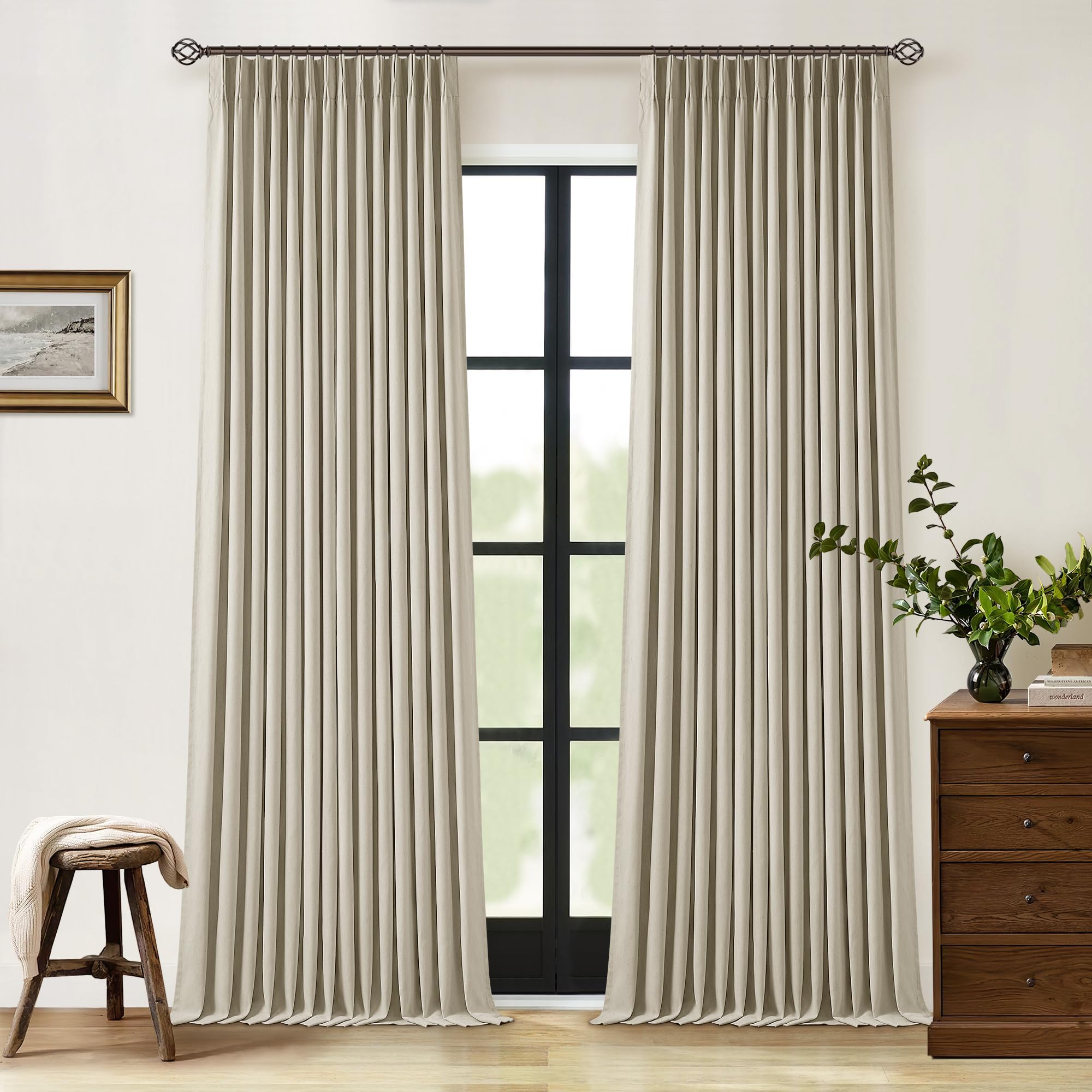 Photo 1 of Burlywood Birch Pinch Pleated Full Blackout Curtains Linen Blend Room Darkening Window Curtains 92 Inch for Living Room Bedroom Thermal Insulated Back Tab Pinch Pleat Drapes with Hooks Rings 2 Panels