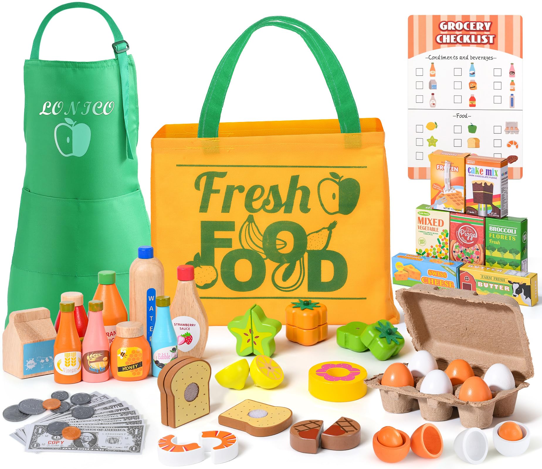 Lonico Wooden Play Food Toys for Kids, Market Grocery Store Toys with Snack & Shopping Bag & Apron for Toddlers, Pretend Play Kitchen Accessories Christmas Birthday Gift for Girls Boys 3 4 5 6
