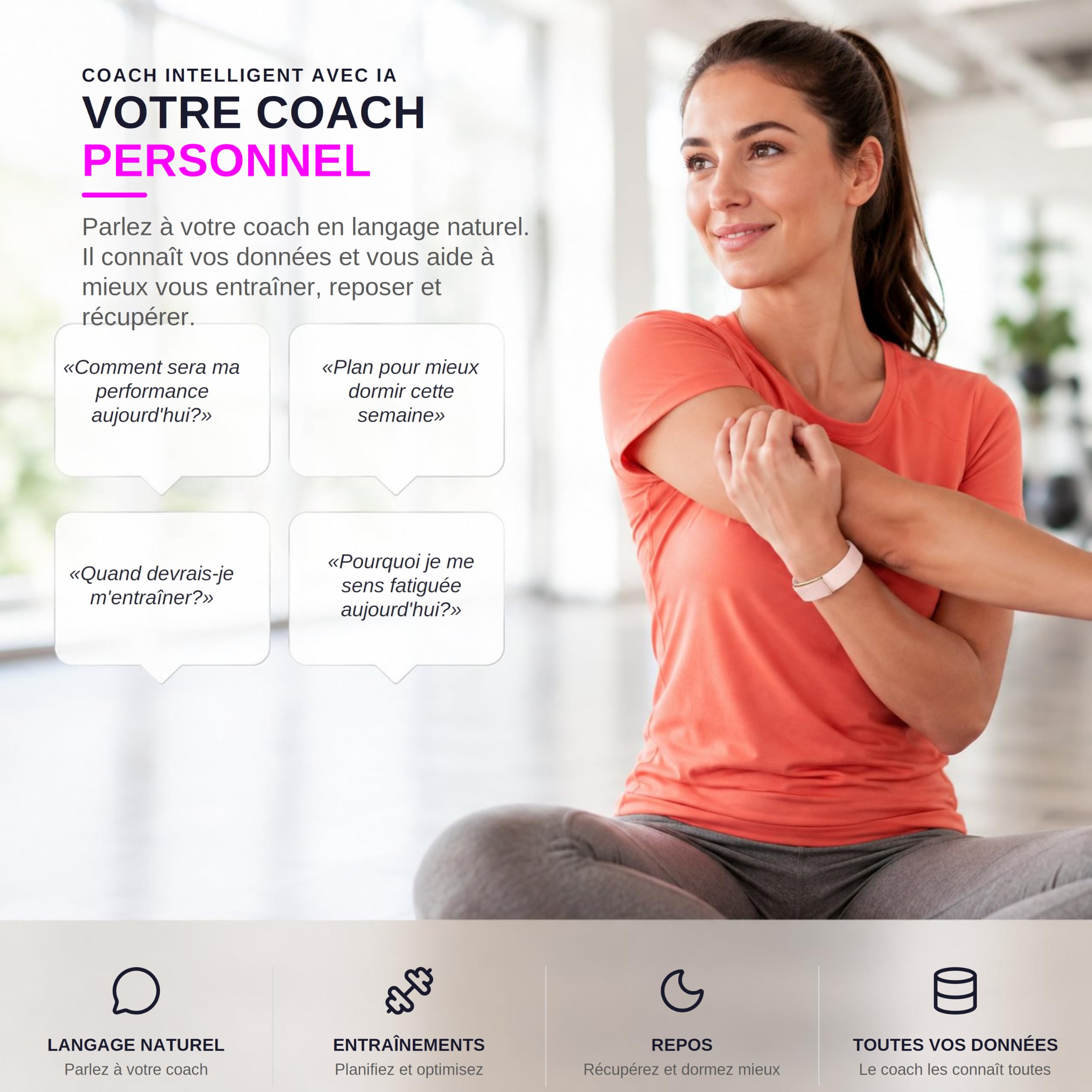 Sense Bracelet Connecté sans Écran Femme Homme, Conçu en Espagne, Coach IA, Suivi Sommeil Énergie Récupération, Fréquence Cardiaque 24/7 HRV SPO₂, IP68, +45 Jours, sans Abonnement, Rose