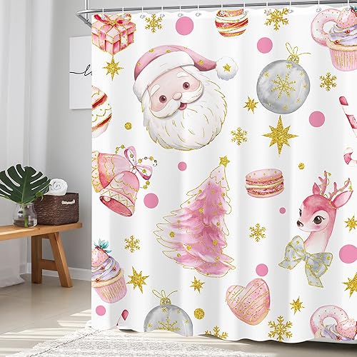 Miniatura 3 de Bonita cortina de ducha de Navidad de 60 x 72 pulgadas, diseño de árbol de Navidad con ciervos y Papá Noel, para baño, vacaciones de invierno,