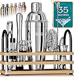 BARE BARREL® Mixology Bartender Kit Bar Set | 14-Piece Cocktail Shaker Set | Martini Barware Mixing Tools for Home Bartending | 35 Recipe Cards | Gift Set (24oz Cobbler Shaker, Silver/Natural) 24oz Cobbler Shaker Silver/Natural