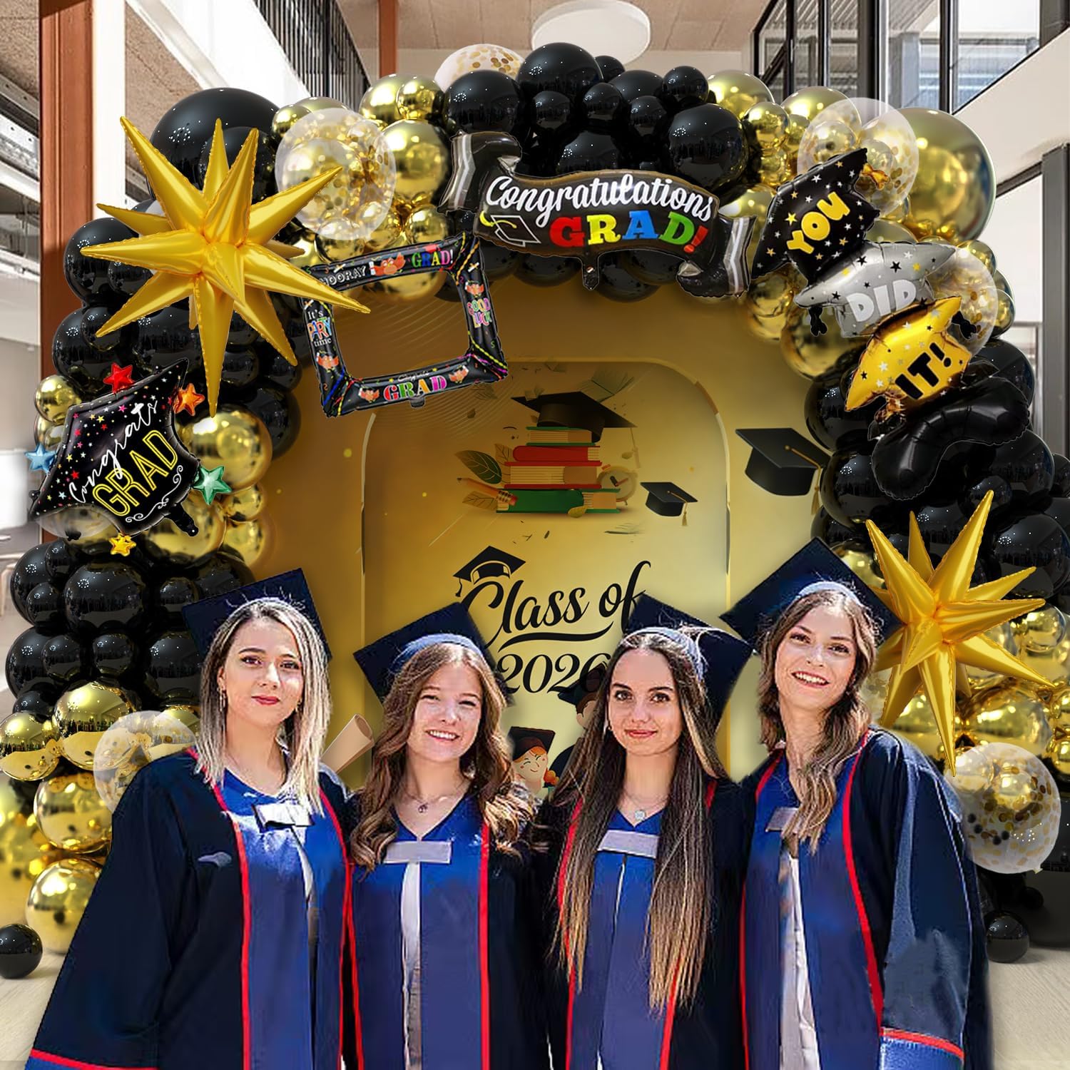 Graduation Balloon Arch Kit, Black Gold Graduation Balloons with Congrats Grad Foil Balloons, Graduation Decorations for High School College Grad Party Supplies